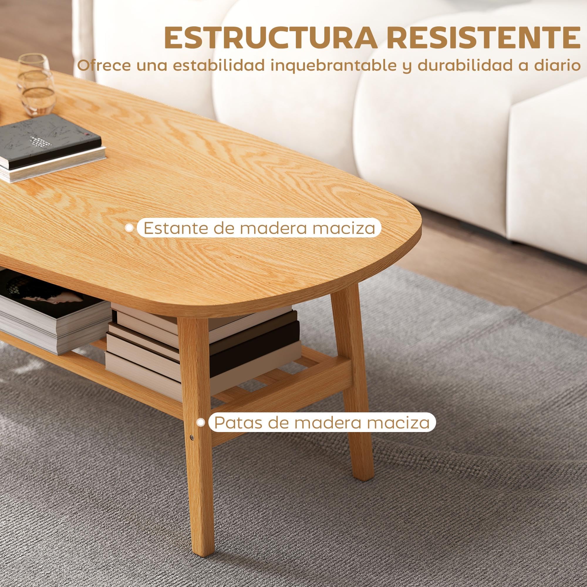 HOMCOM Mesa de Centro de 2 Niveles para Dormitorio 120x60x42cm Natural | Mesa Baja para Salón Moderno, Estante Abierto Inferior, Patas de Madera de Caucho, para Sala de Estar