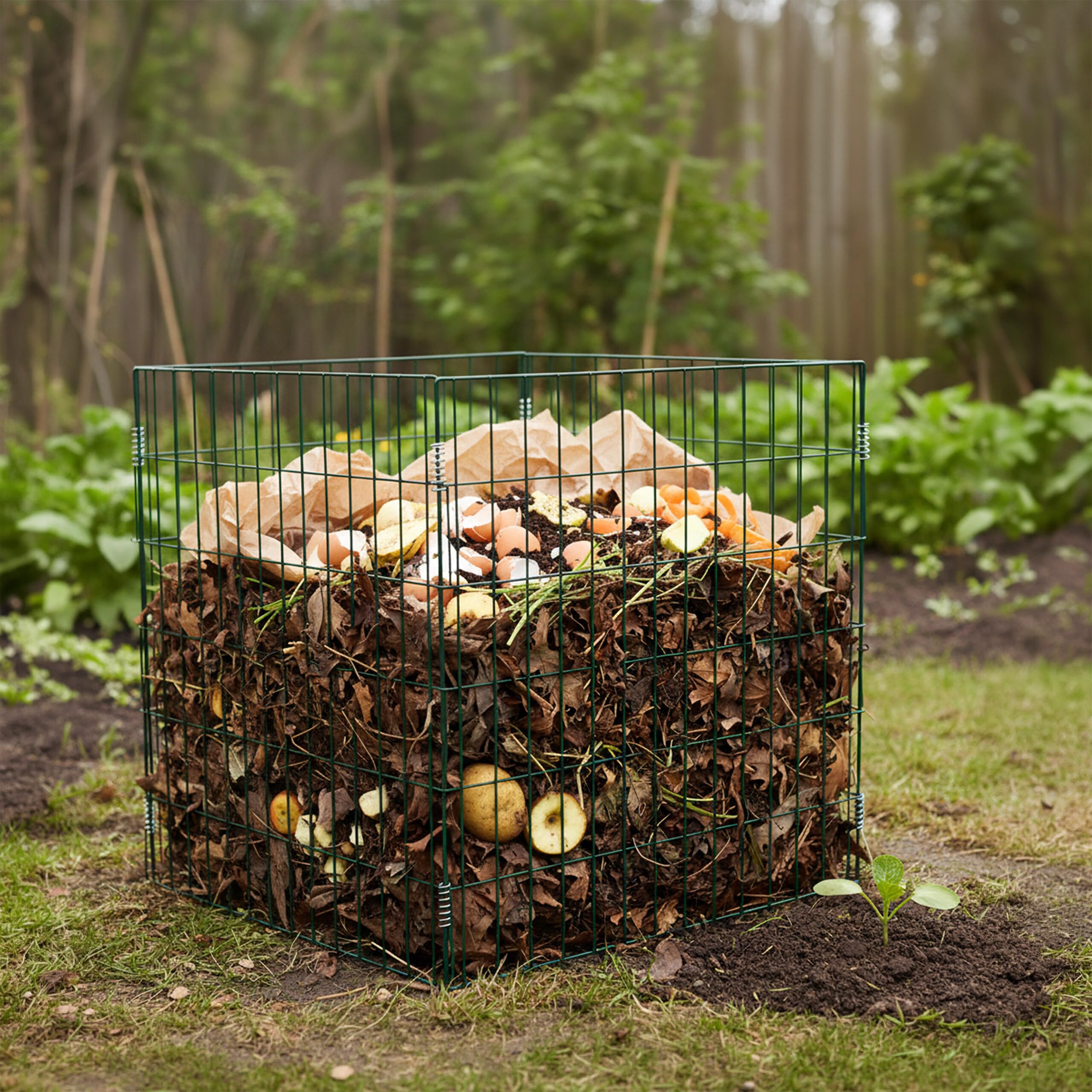 Relaxdays Compostiera metallo, set da 2, giardino, 76x76x76 cm, rete acciaio verniciata, verde