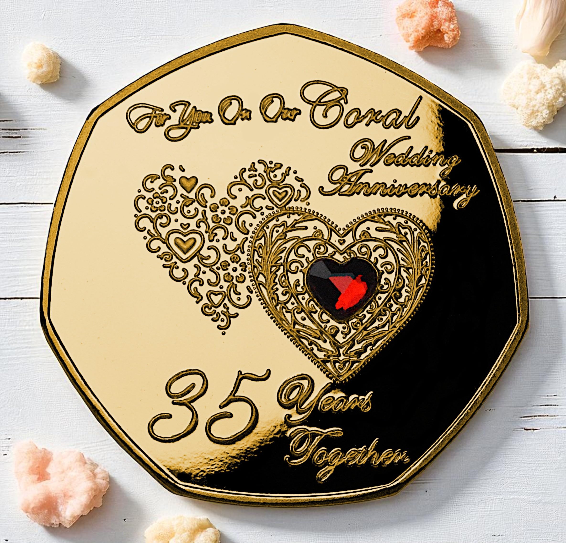 The Commemorative Coin Company ON OUR 35th CORAL WEDDING ANNIVERSARY 24ct Gold Commemorative. Gemstone. Husband/Wife/Partner 35 Years Together Gift/Present/Token/Love