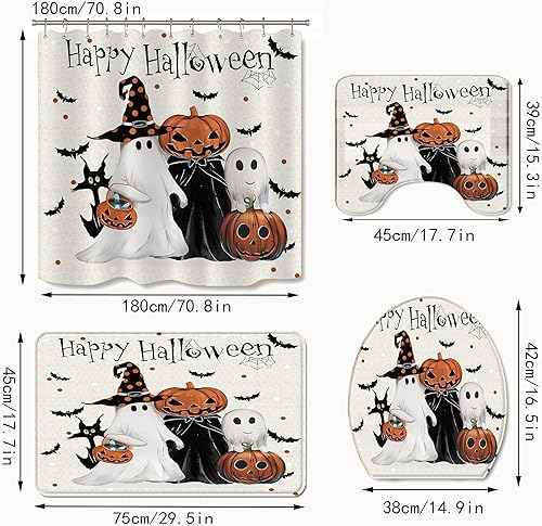 Miniatura 2 de Juego de 4 cortinas de ducha de Halloween, espeluznante cortina de ducha de calabaza fantasma para decoración de baño de Halloween con