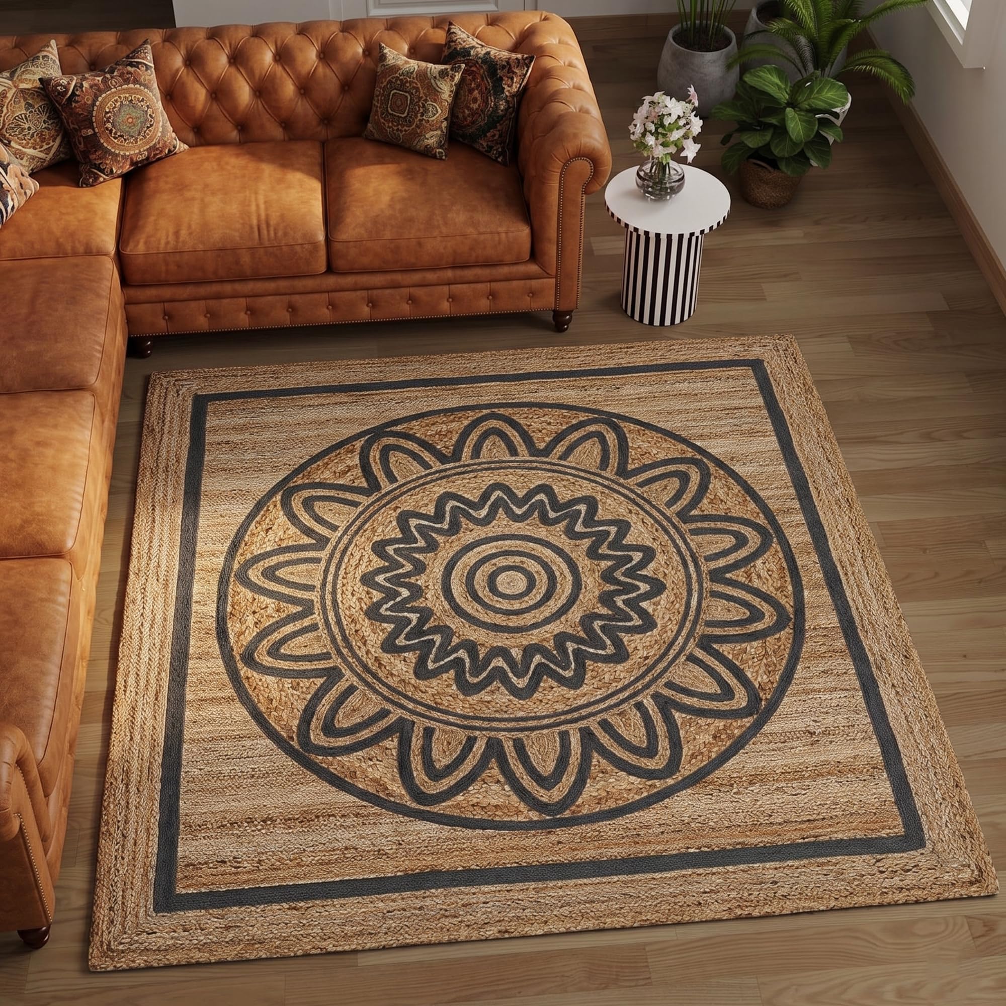Tapis en jute salon résistant gris mandala pour entrée et chambre