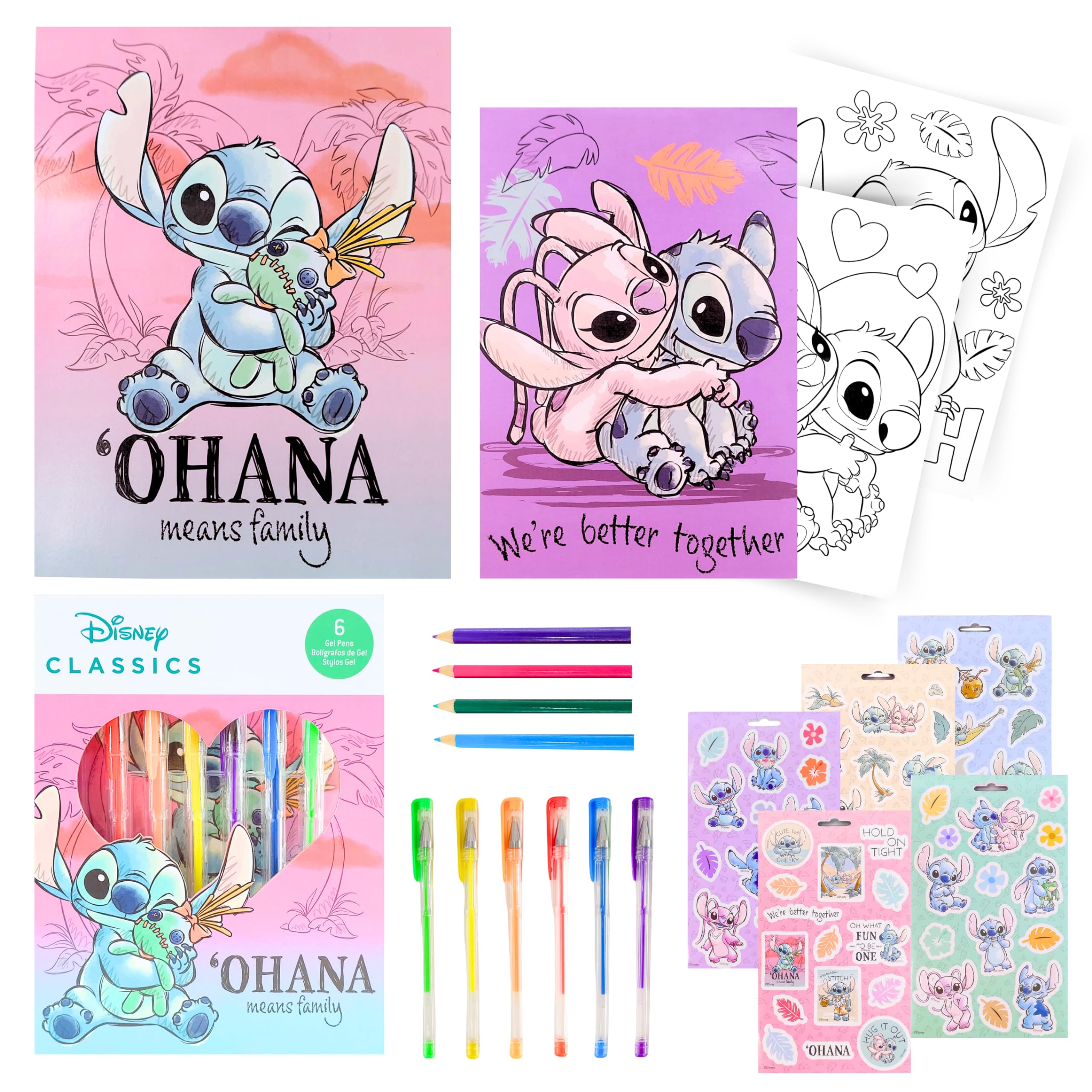 Disney Stitch Juego de Papelería, Incluye Libreta Cuaderno 4 Lapices de Colores Pegatinas Paginas de Colorear y 6 Boligrafo de Gel Colores, Regalo Set de Papeleria para Niñas
