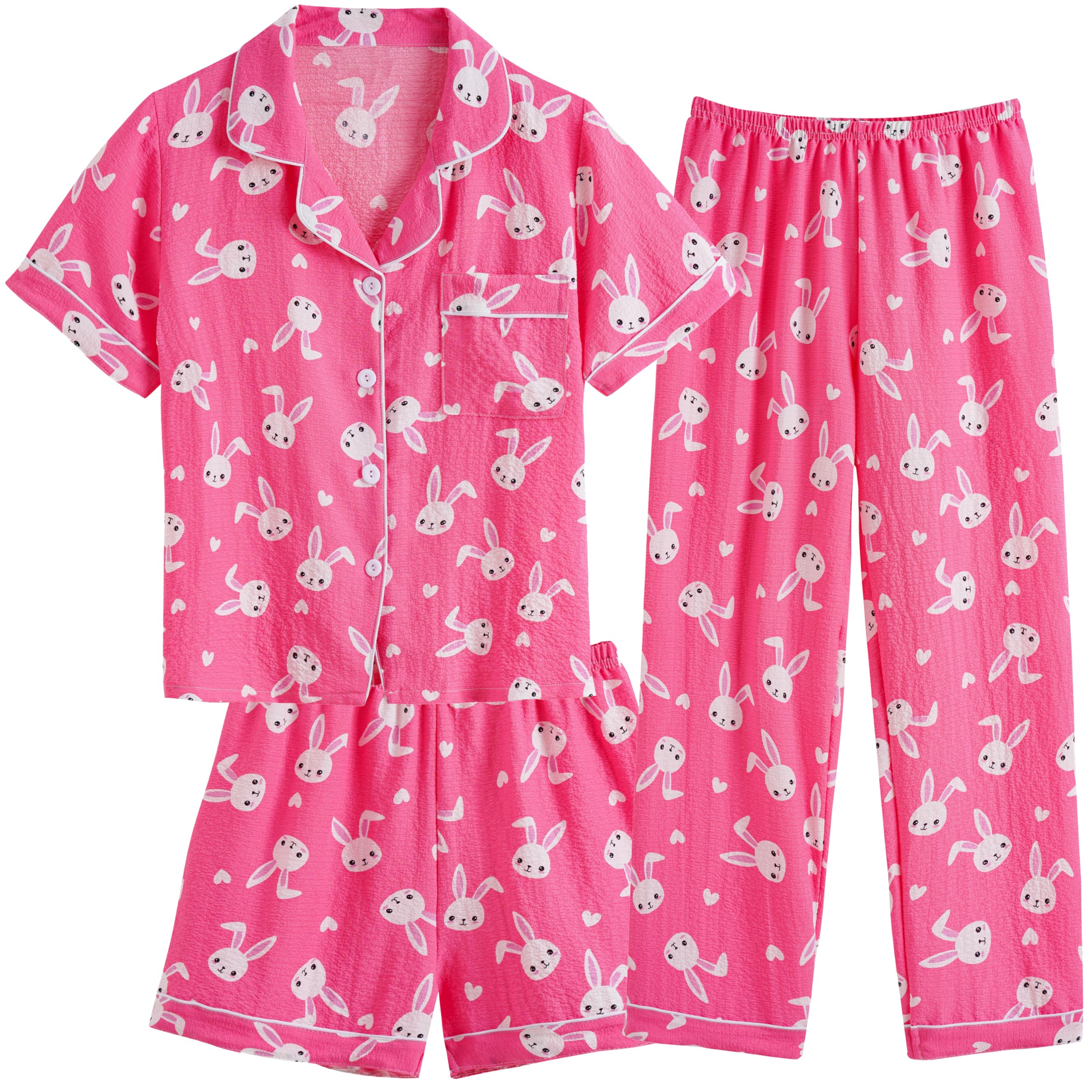 Hupohoi Big Girls Button Down Pajama Set 3pcs Crepe Fabric Sleepwear Nighty