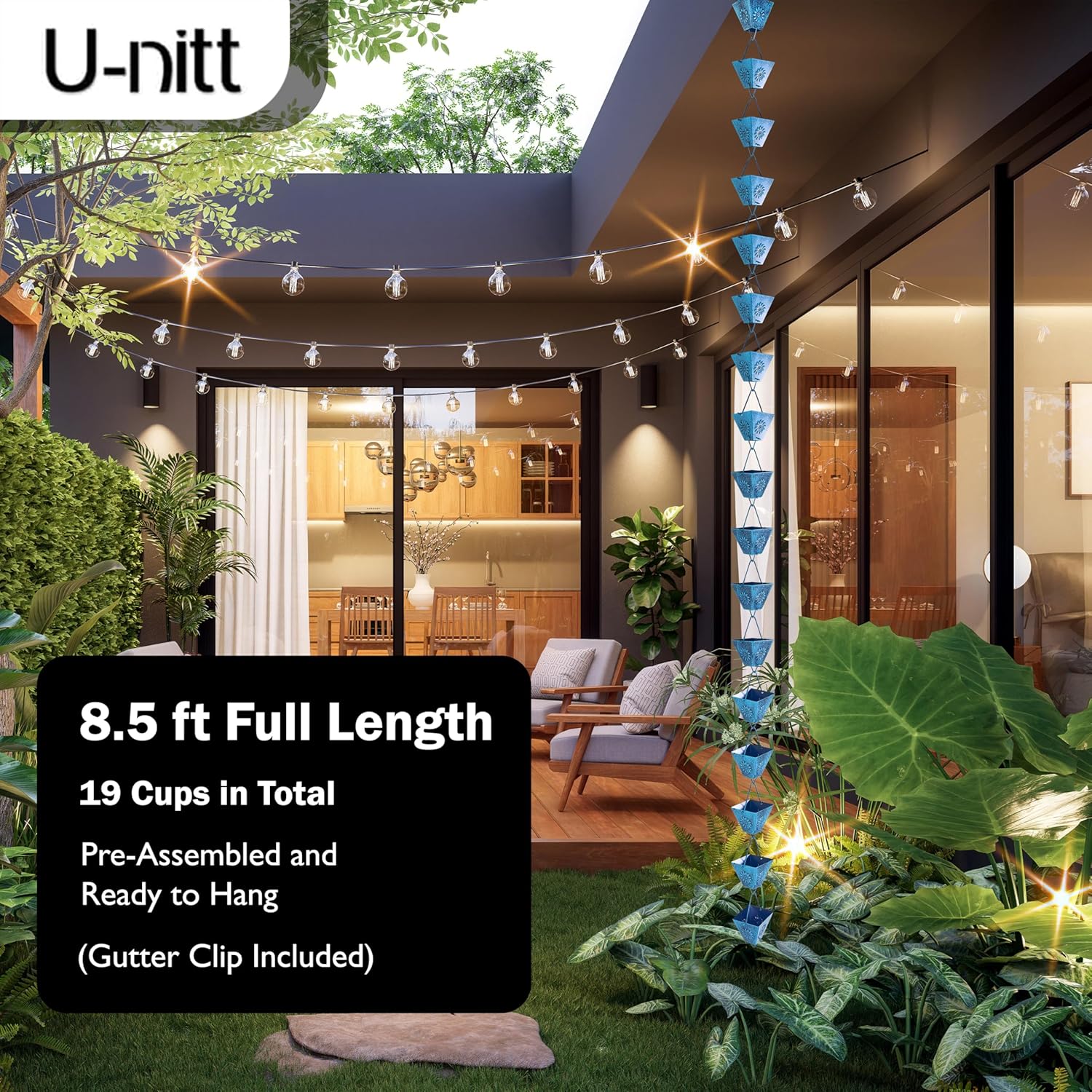 U-nitt Rain Chain Water Collection for Gutters Rainwater Catcher & Diverter, 8.5 FT Chains for Outside Garden Patina Square Cups, Roof Downspout, Works with Heavy Rain, w/ Gutter Clip for Rainchains