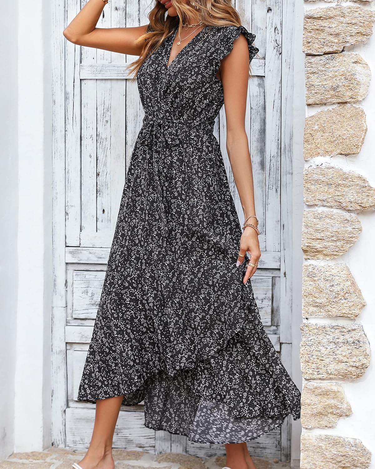 BTFBM Women Summer Floral Boho Maxi Dresses 2026 Vacation Ruffle Sleeve V Neck Belt Wrap Wedding Guest Spring Beach Dress - Image 4