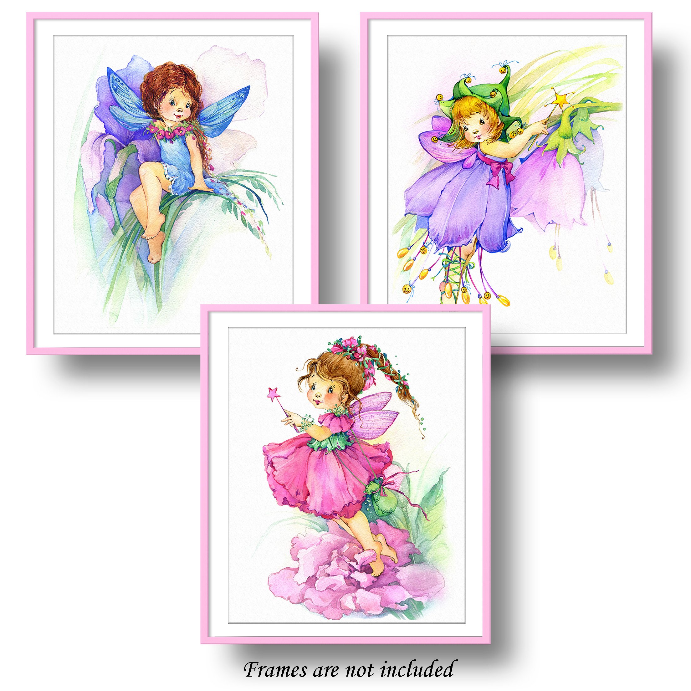 7Dots Art. Flower Fairy. Watercolor Art Print, Poster 8"x10" on Fine Art Thick Watercolor Paper for Childrens Kids Room, Bedroom, Bathroom. Wall Art Decor with Fairies for Boys, Girls. (Set of 3 (1))