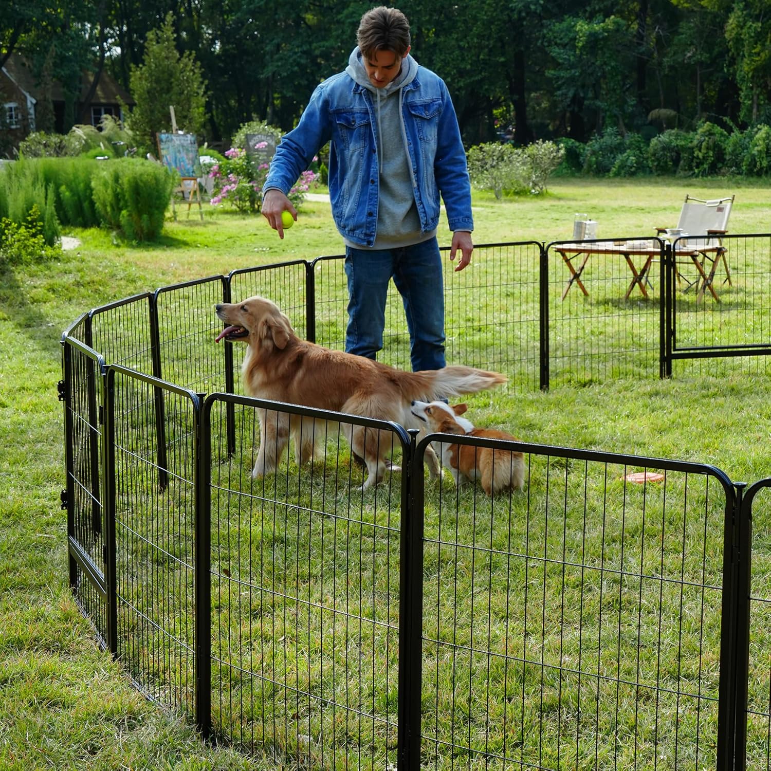 SunsGrove Dog Playpen Outdoor with Wider Door for Small and Medium Dogs, Free and Safe Play Dog Fence Indoor, Black (24 inch, 2 Panels)