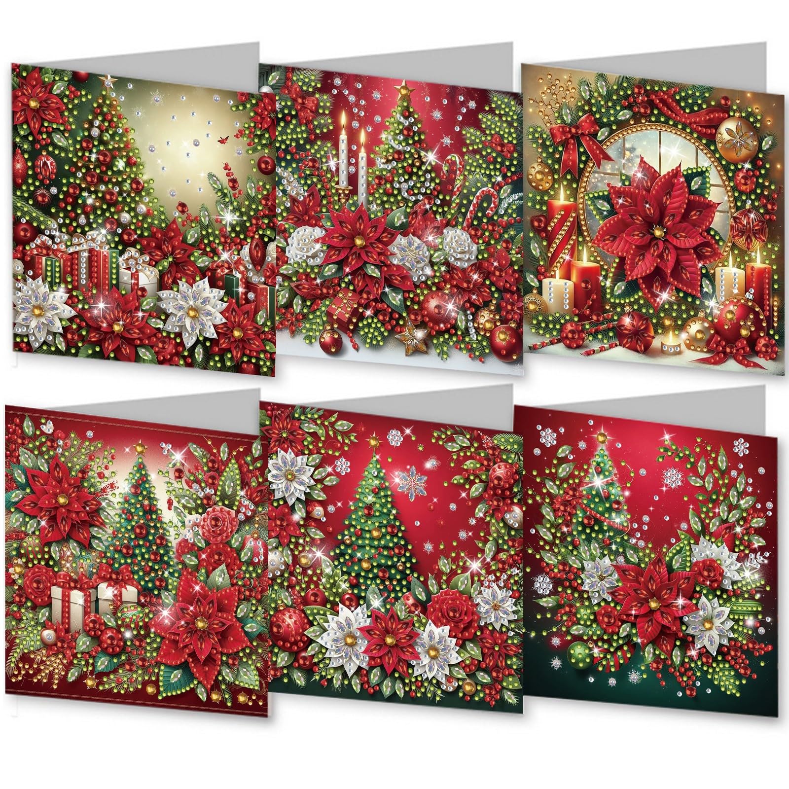 Lebartm 6Pcs Folding Christmas Greeting Card DIY Diamond Art Painting Creative Design Foldable Thank You Cards with White Envelopes Blessing Greeting Card Set for Festival Birthday-Poinsettia โ image 1