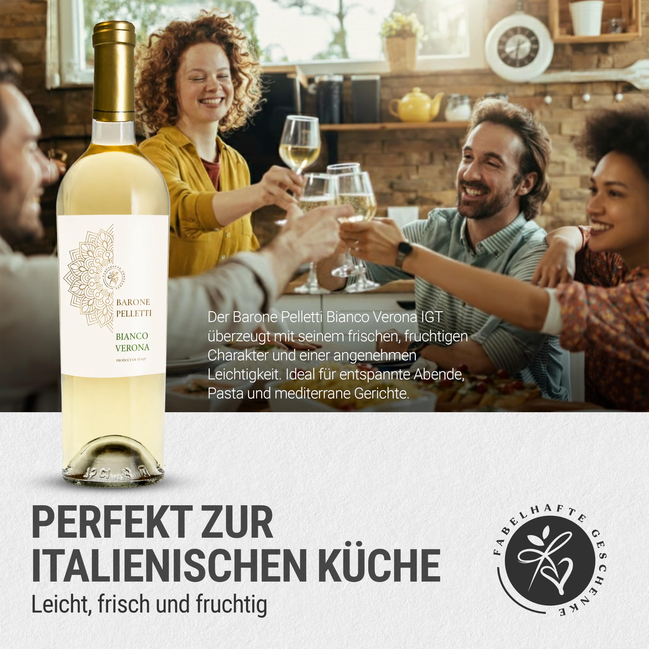 Präsentkorb Italia mit Weißwein und italienischen Spezialitäten | Pasta, Sugo, Focaccine, Gewürzmischung, Amaretti | für Männer & Frauen | mit Banderole " Herzlichen Glückwunsch"