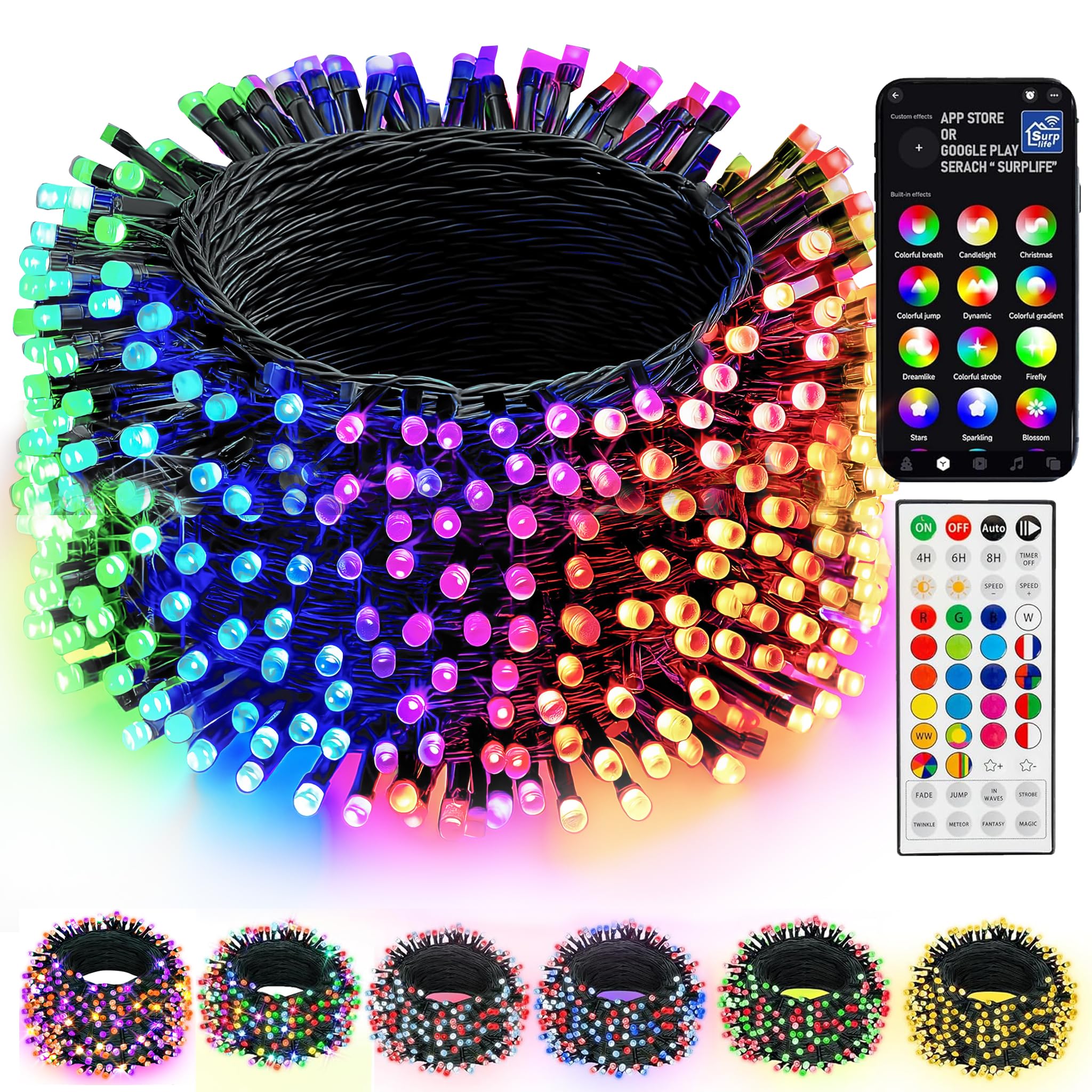 Dazzle Bright Smart Christmas String Lights, 98FT 300 LED RGB Color Changing String Lights with Remote & App Controlled, Halloween Decorations for Indoor Outdoor Holiday Xmas Tree Party Decor
