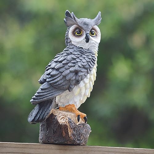 Miniatura 9 de Señuelo de espantapájaros falso, búho de resina, disuasorio de pájaros, escultura de búho con cuernos para patio al aire libre, césped, patio, 10