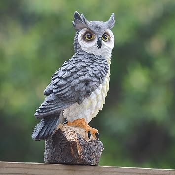 Fake Owl Scarecrow Decoy, Resin Owl Bird Deterrents, Horned Owl Sculpture for Outdoor Patio Lawn Yard 10" Tall