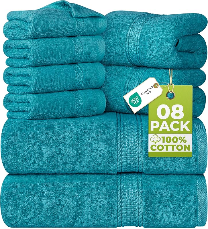 Utopia Towels Juego de toallas de lujo Majestic Plush de 8 piezas, algodón, verde azulado | Toallas Majestic Plush 100% algodón hilado en anillos: súper absorbentes, de secado más rápido, gruesas y suaves, para baño, spa y hotel