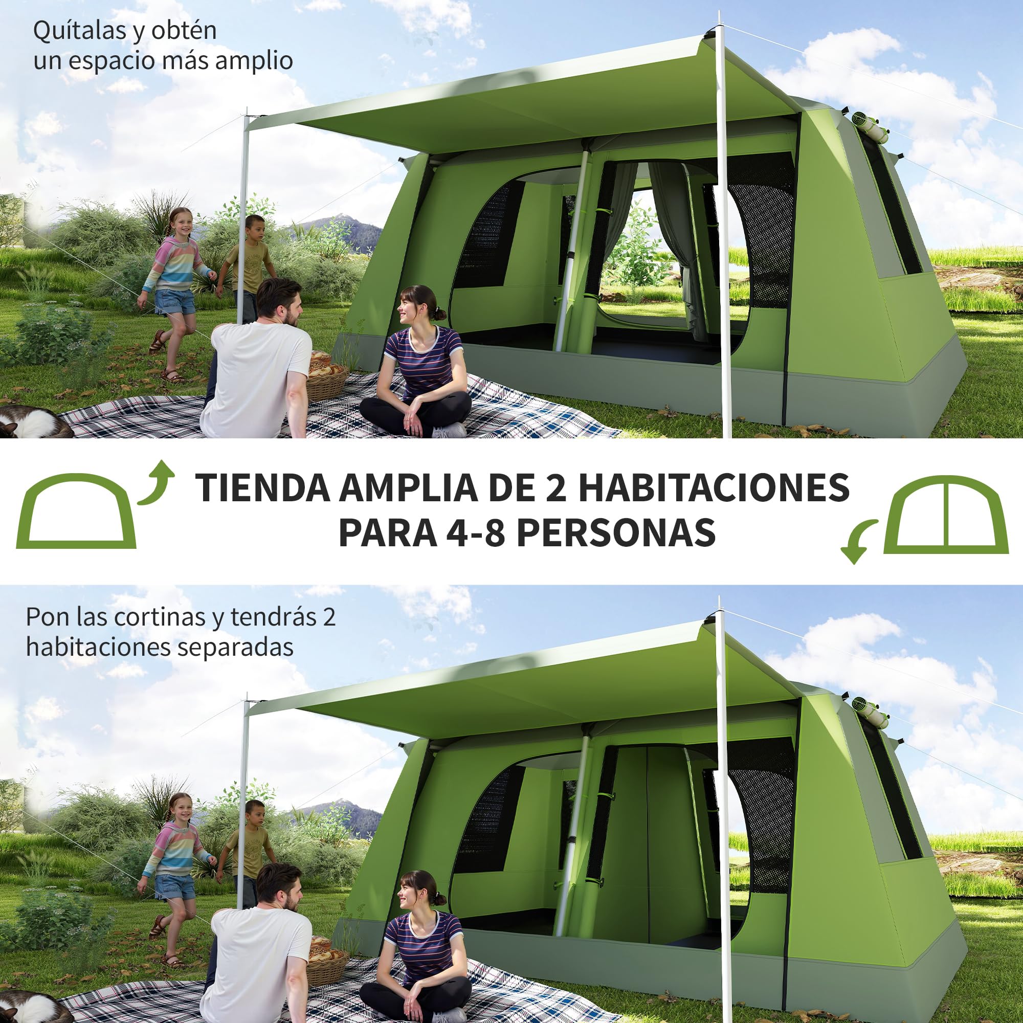 Outsunny Tienda de Campaña Familiar para 4-8 Personas Tienda de Camping Impermeable 2000 mm Tienda de Acampada con Mosquitera Gancho y Bolsa de Transporte Anti-UV 405x305x225 cm Verde