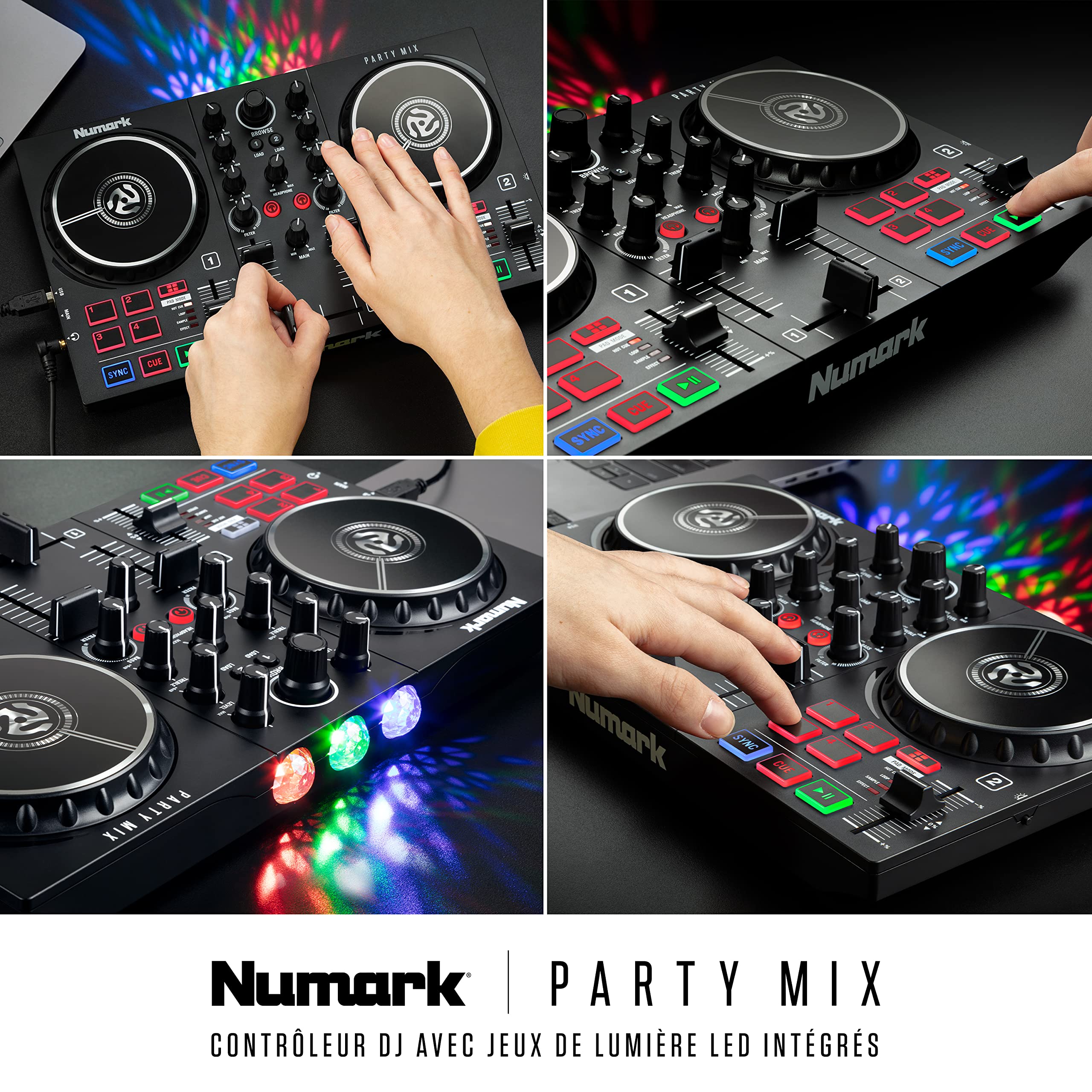 Numark Party Mix II & HF 125 - Contrôleur DJ pour débutants avec lumières LED, carte son et table de mixage DJ pour Serato DJ Lite avec Casque DJ Ultra-Portable