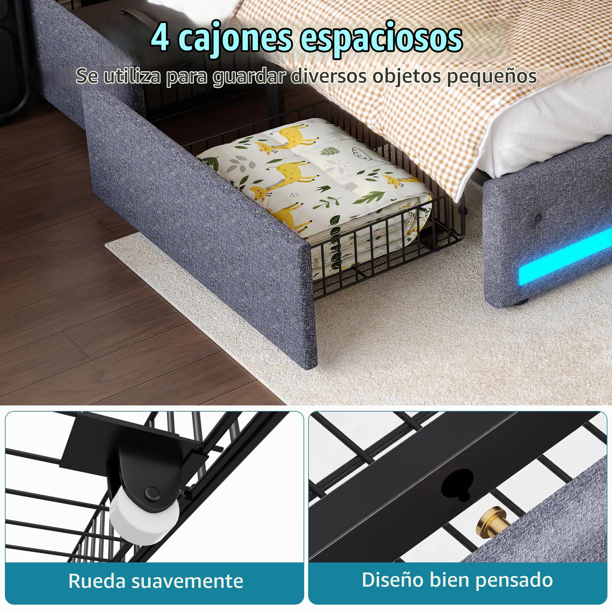 Cama de Matrimonio con Almacenamiento y led, cama Tapizada 160x200 luces led y Cargador Cama con usb y luz led Cama160x200 con 4 Cajones de Almacenamiento, Sin Colchón (A Gris oscuro, 160x200 cm)