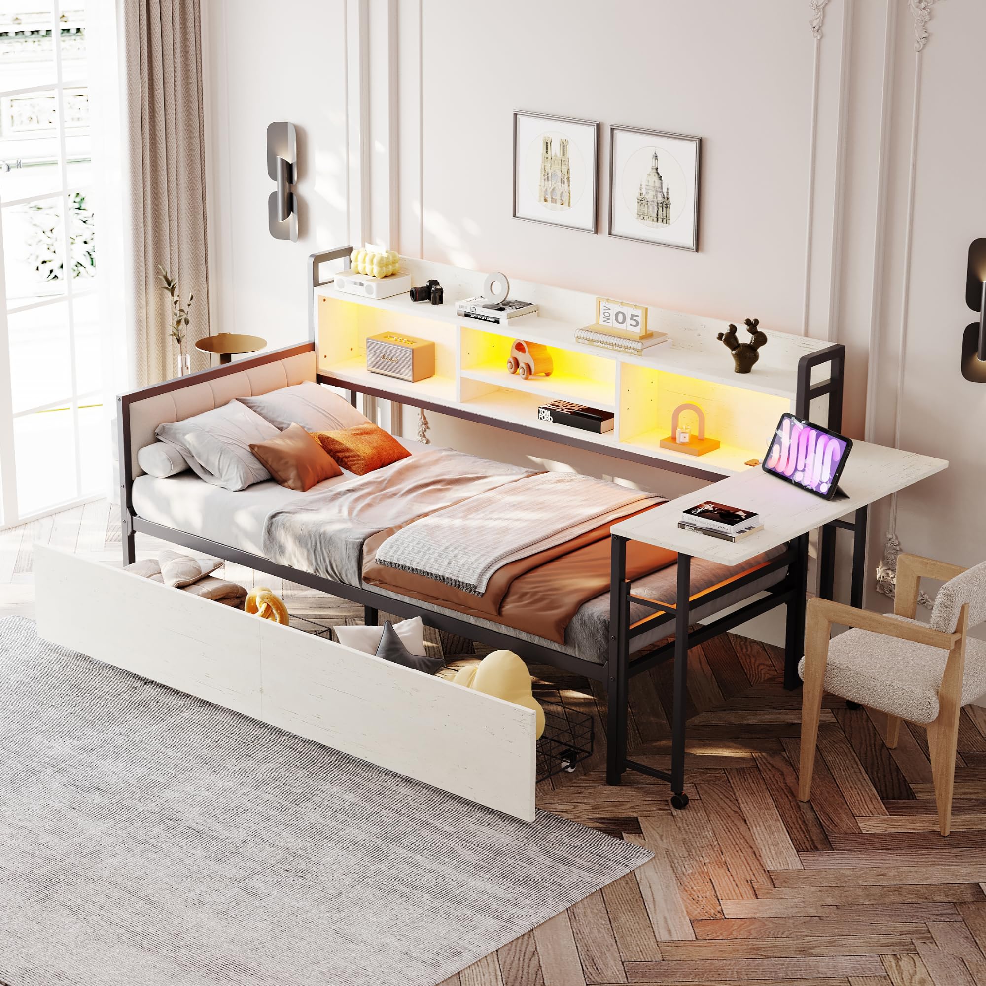 Lcoho Divano letto in ferro 90 x 200 cm, con illuminazione a LED e spazio di archiviazione, con cassetti e presa multifunzionale, scrivania pieghevole, schienale morbido, letto singolo (bianco)