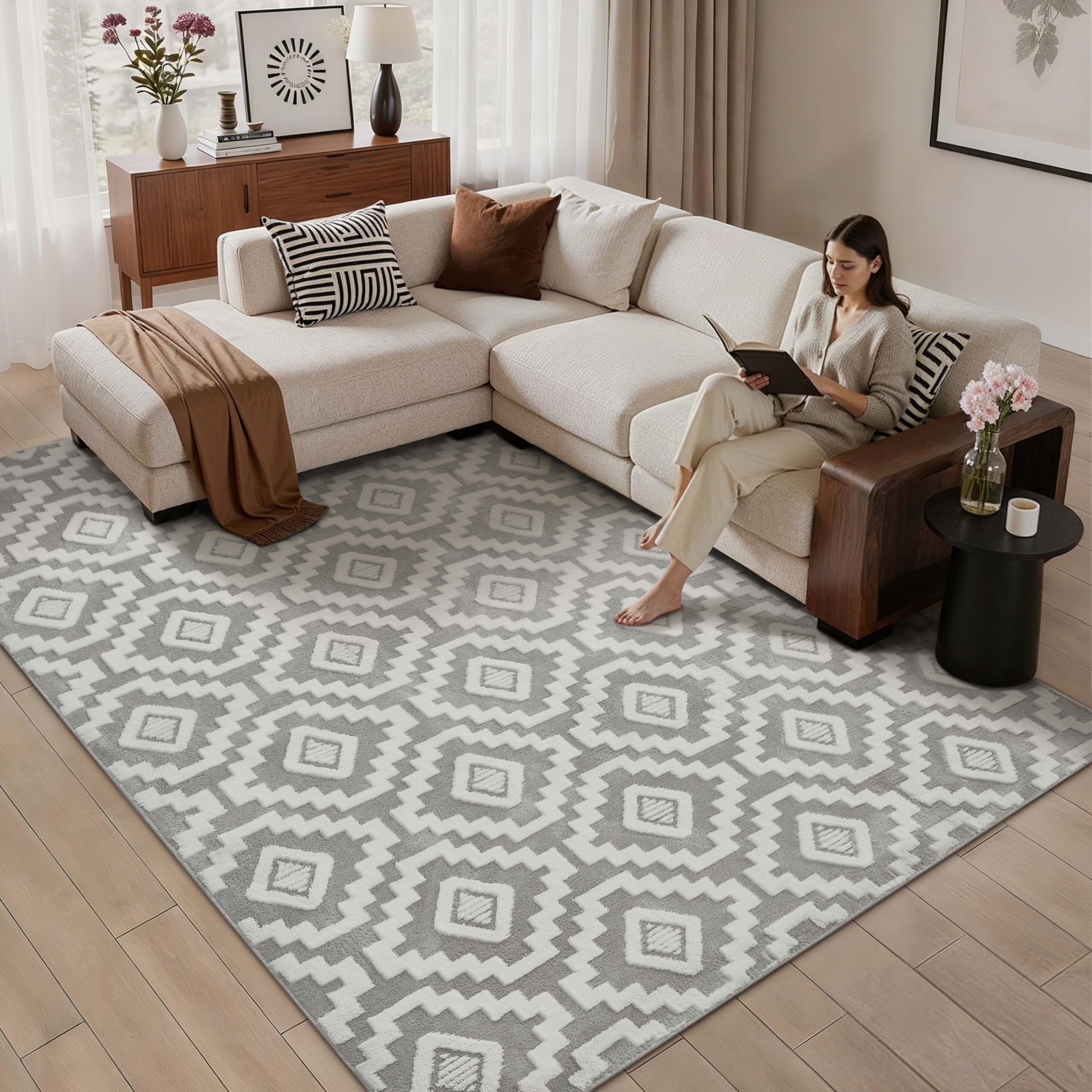 PureCozy Area Rug Living Room 150x210cm, Fluffy Modern Soft Washable Rugs with Non-Slip Backing, Machine Washable,Short Pile Carpet for Kitchen, Office, Dining Room Playroom Indoor,Gray & White — image 1