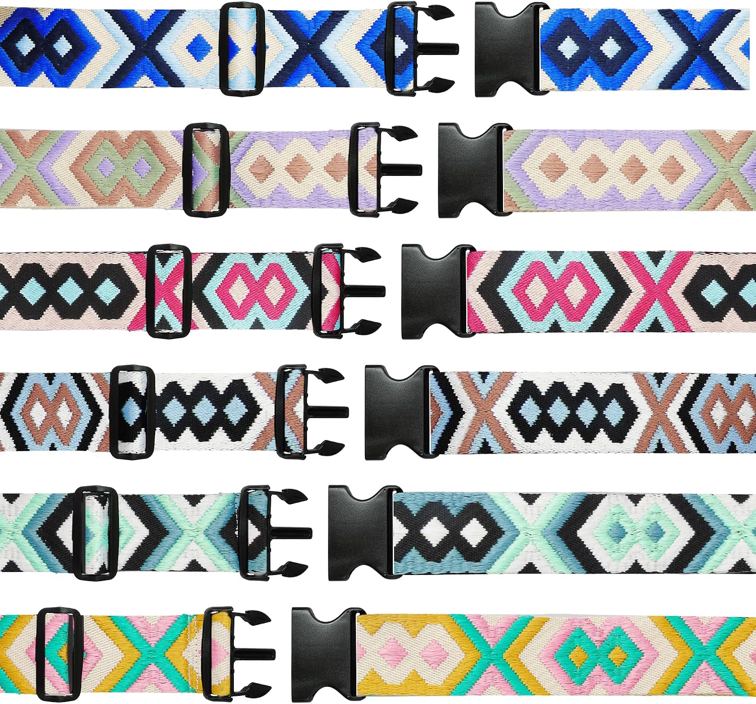 6 Pieces Luggage Straps Patterned Luggage Strap Suitcase Straps Luggage Belt Adjustable Travel Luggage Belt Strap with Quick Release Buckle, 2 inches Wide by 72 inches Long (Geometric Style)