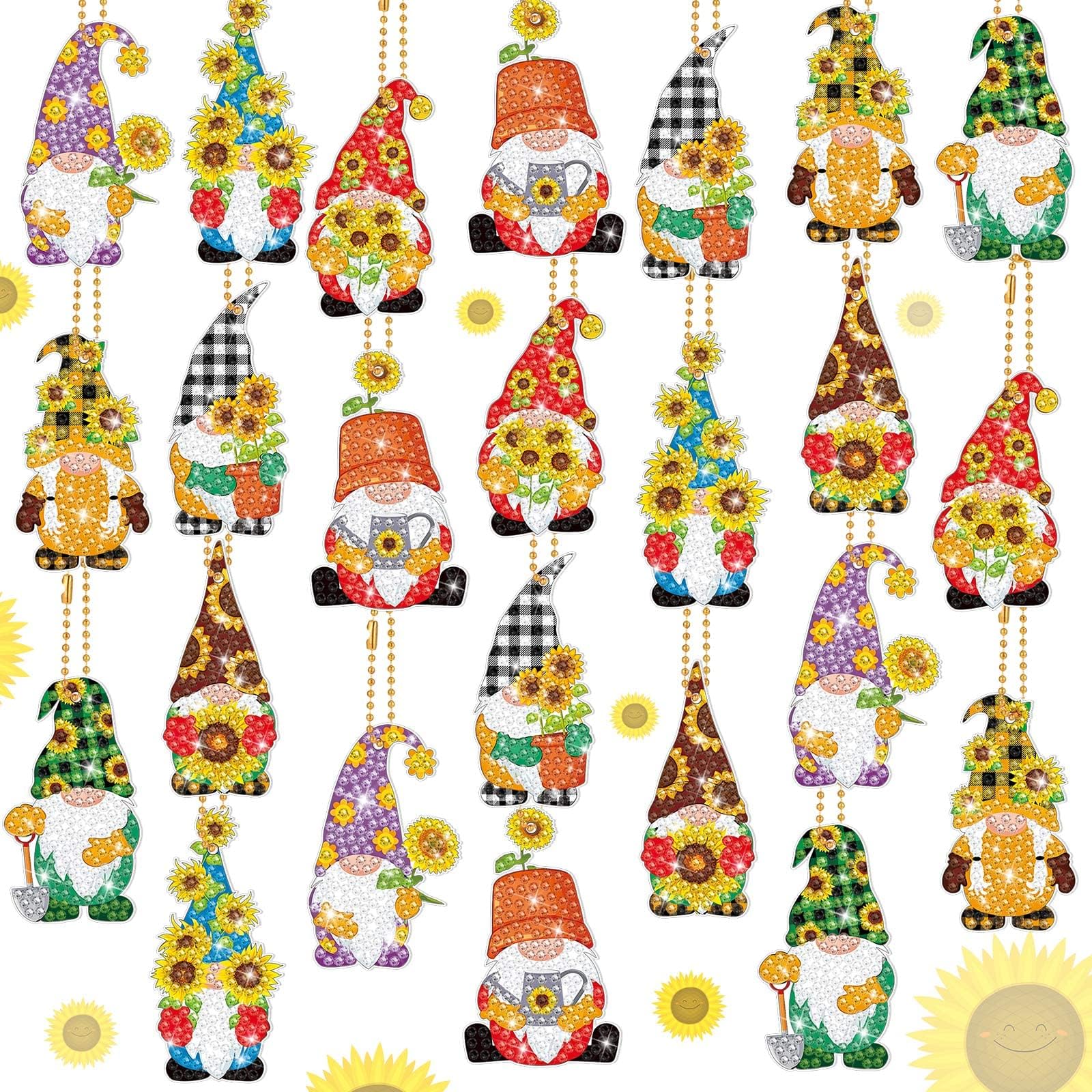 Outus 24 Pcs Sunflower Gnome Diamond Painting Keychains Farmhouse Gnome Double Sided 5d Diamond Key Chain Kit DIY Keychain Ornament for Beginners Adults DIY Pendant Summer Making