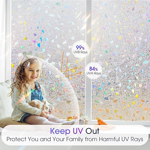 Miniatura 3 de Coavas Película de privacidad para ventana, calcomanías decorativas de arcoíris 3D para cubrir ventanas, adherencia estática, no adhesiva,