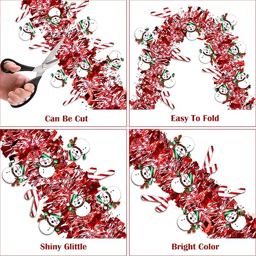 Miniatura 3 de Guirnalda de oropel de Navidad de 50 pies con muñeco de nieve, bastón de caramelo, rojo metálico, guirnaldas de Navidad para decoración de árbol,