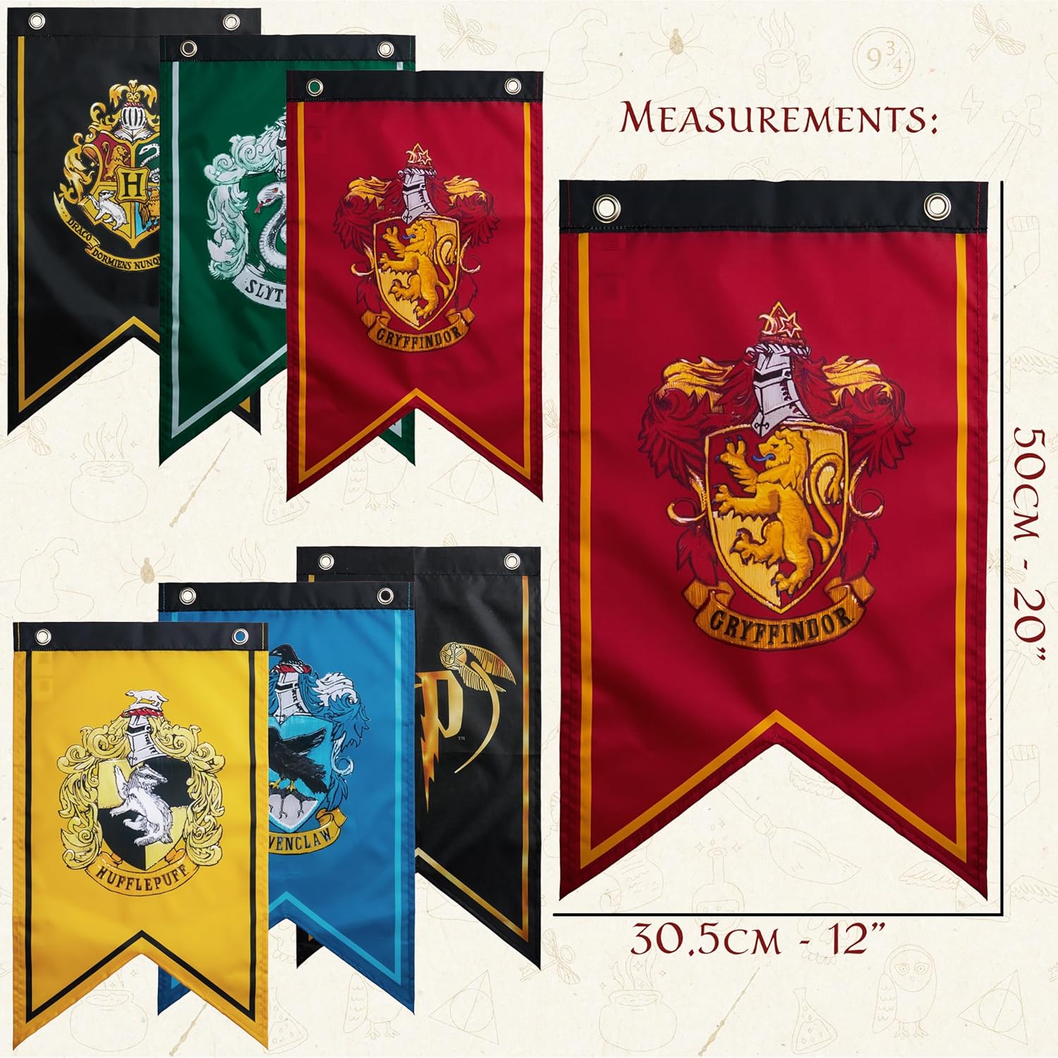 Harry Potter Gifts Banner Decorations Set of 6 Hogwarts House Flags 20x12 Inch Gryffindor, Slytherin, Ravenclaw, Hufflepuff Birthday Party Supplies (Multi Flags)
