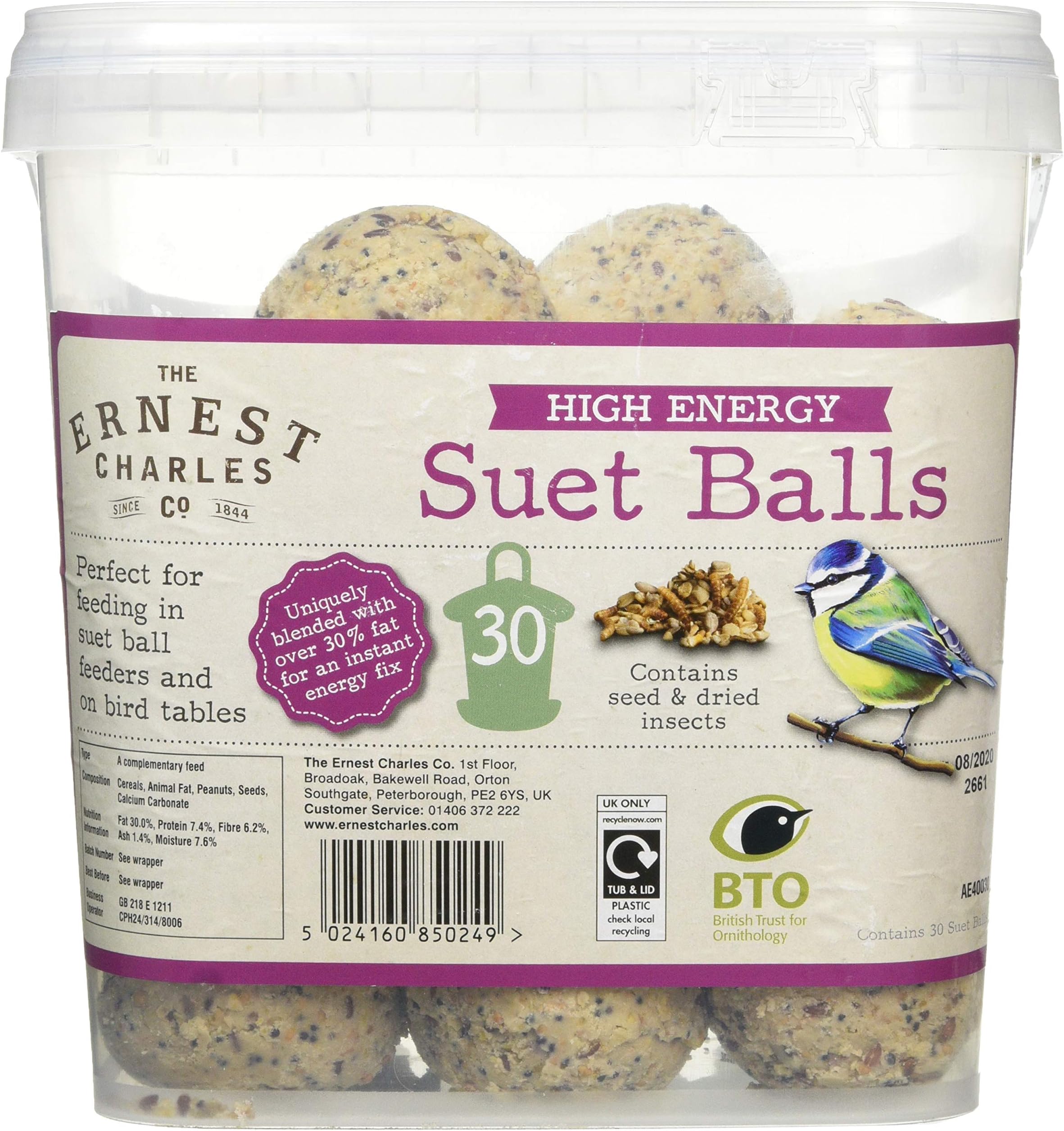 Ernest Charles High Energy Suet Balls for Wild Birds - 30 Pack