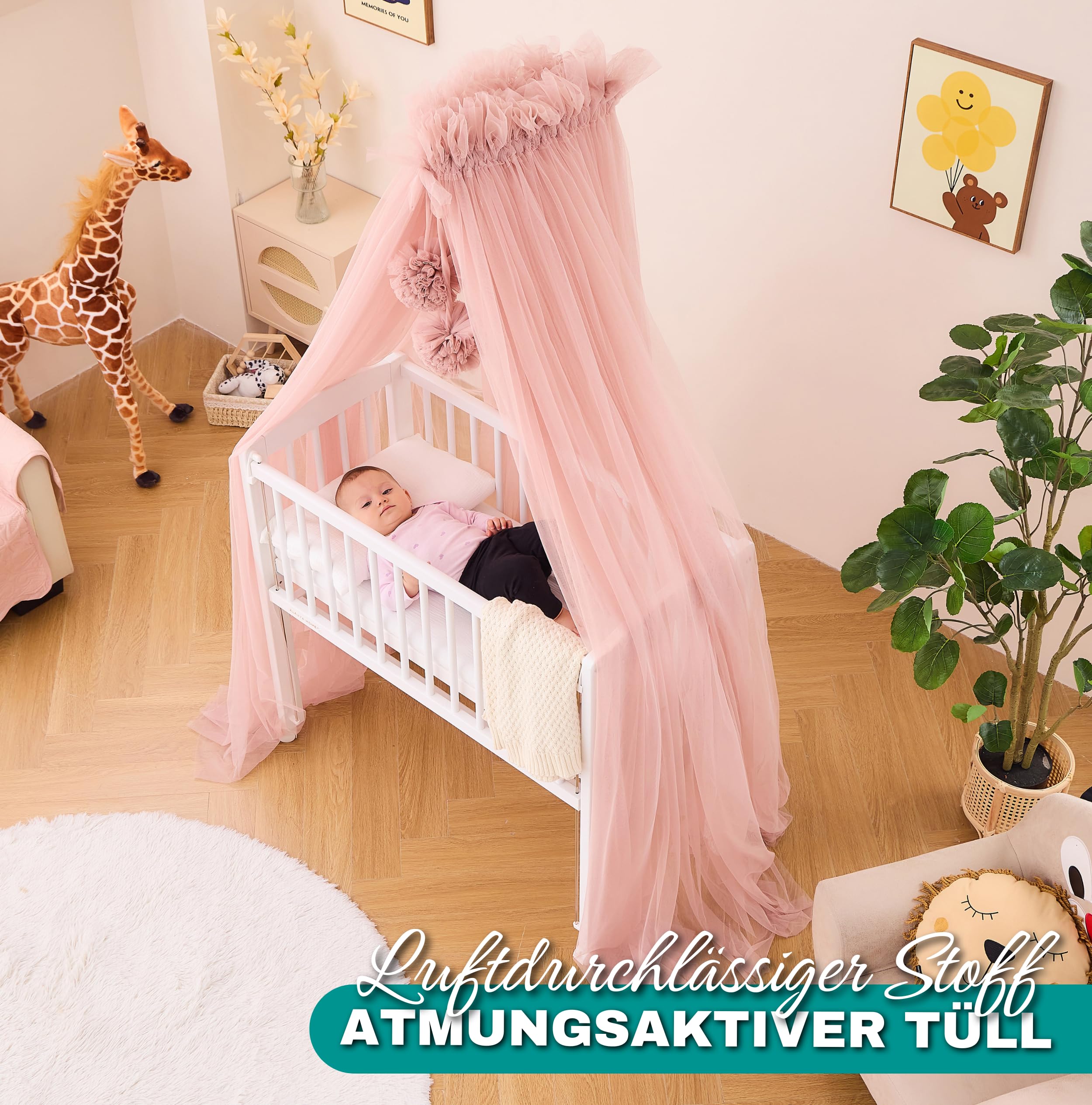 ALAVYA HOME® Dosel de tul 120 cm para cuna, mosquitera con pompones y barra, decoración para bebé, protege y encanta durante el sueño (rosa)