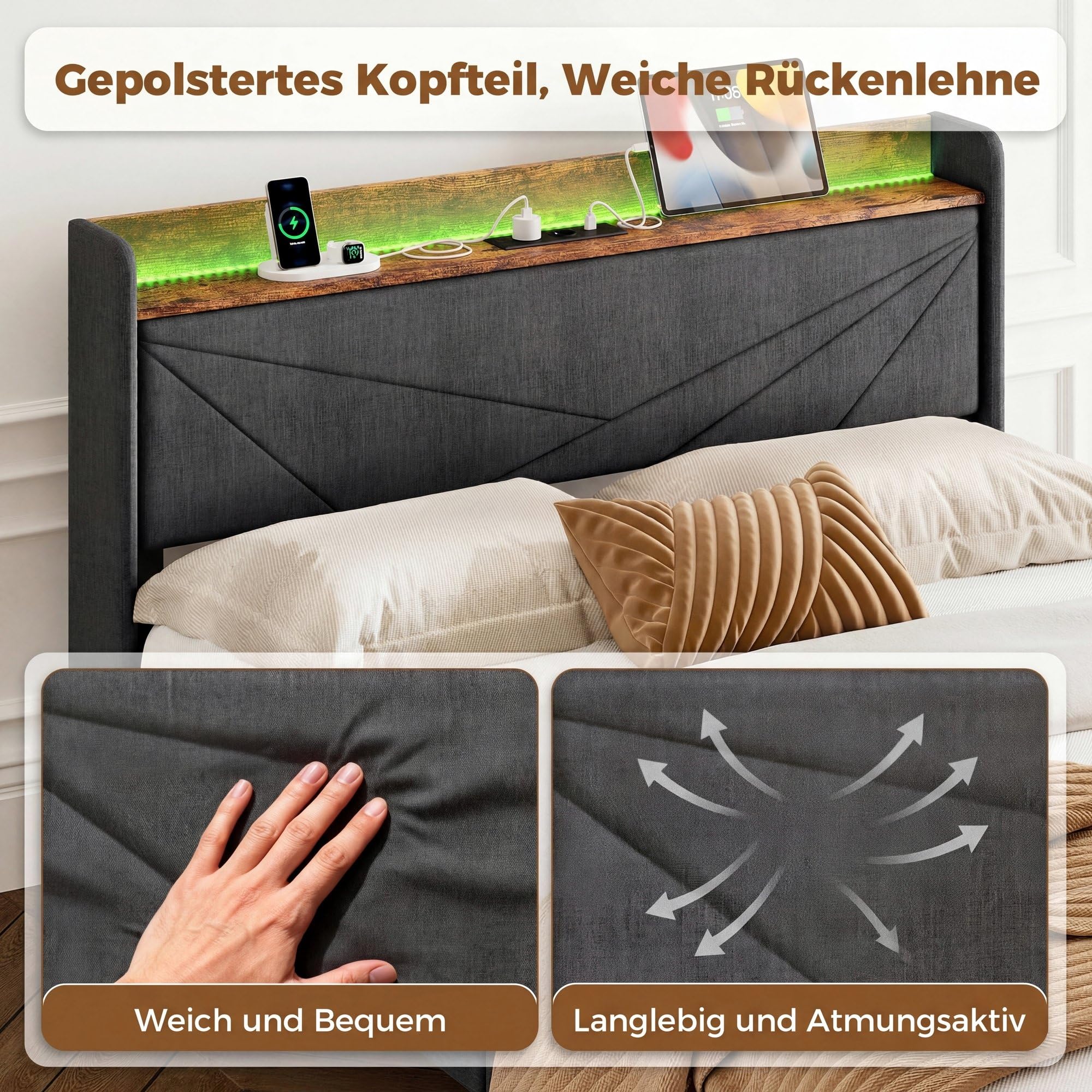 IRONCK Polsterbett 140x200, Schwebebett mit LED-Beleuchtung und Ladestation (USB/USB-C/Steckdosen), gepolstertes Kopfteil mit Stauraum, Bett mit Lattenrost, Doppelbett Bettgestell, Leinen, Dunkelgrau