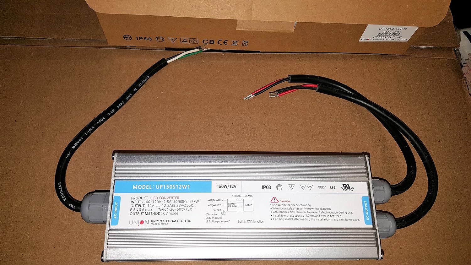 UNION LED DRIVERS CONVERTER 12V OUTPUT WATERPROOF POWER SUPPLY DRIVER INPUT 100-120V (MODEL: UP150S12W1) 150/12V (UP100S12W1) (100W/12V) Made in KOREA