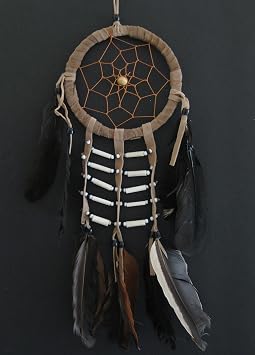 Dream Catcher - Handmade Traditional Native Style Brown Suede with Bone Beads & Feathers 4.5" Diameter & 16" Long - Oma Brand