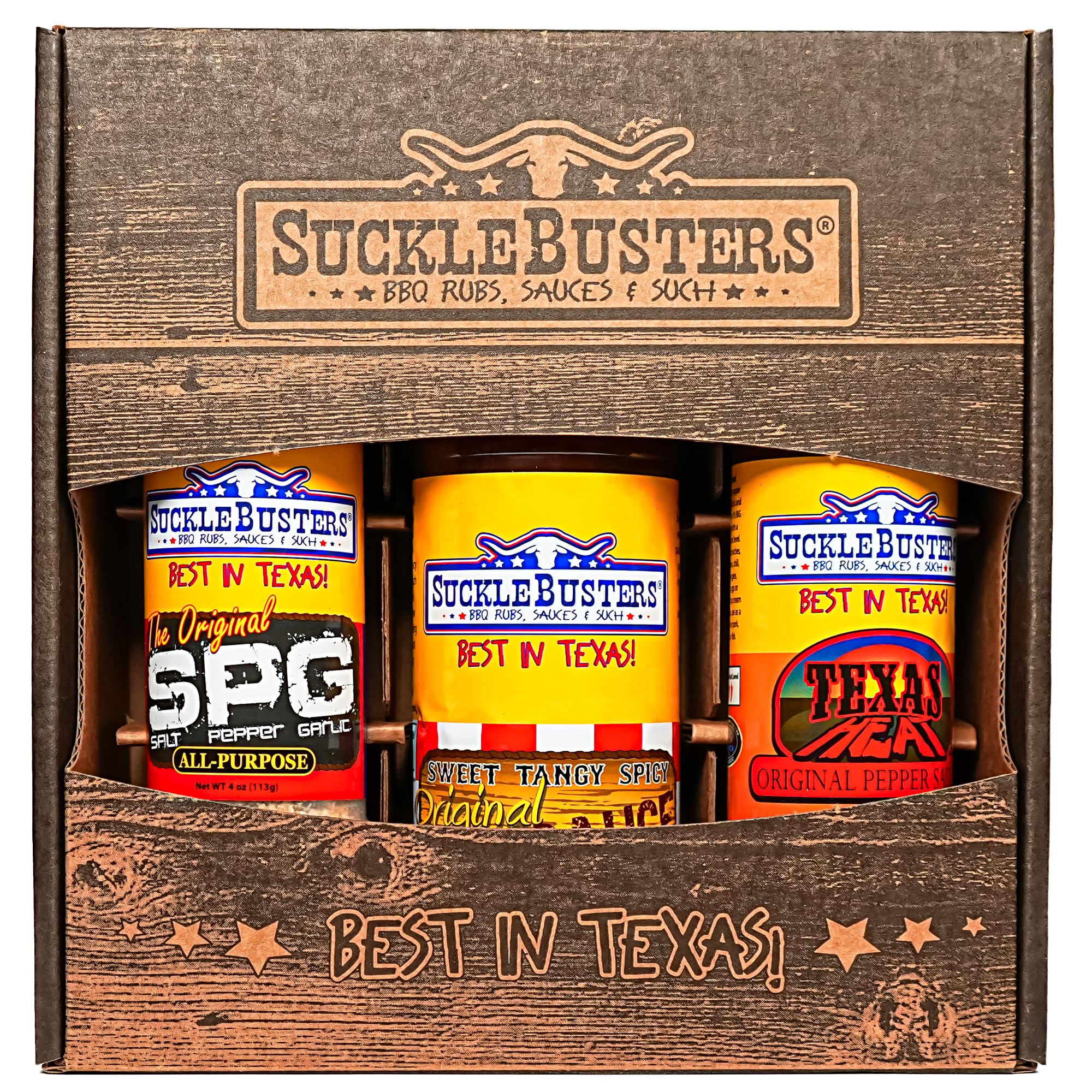 SuckleBusters Texas BBQ Gift Box - Award-Winning Assorted BBQ Sauce, Texas Heat Pepper Sauce, and SPG All-Purpose BBQ Rub (3 Pack Set)