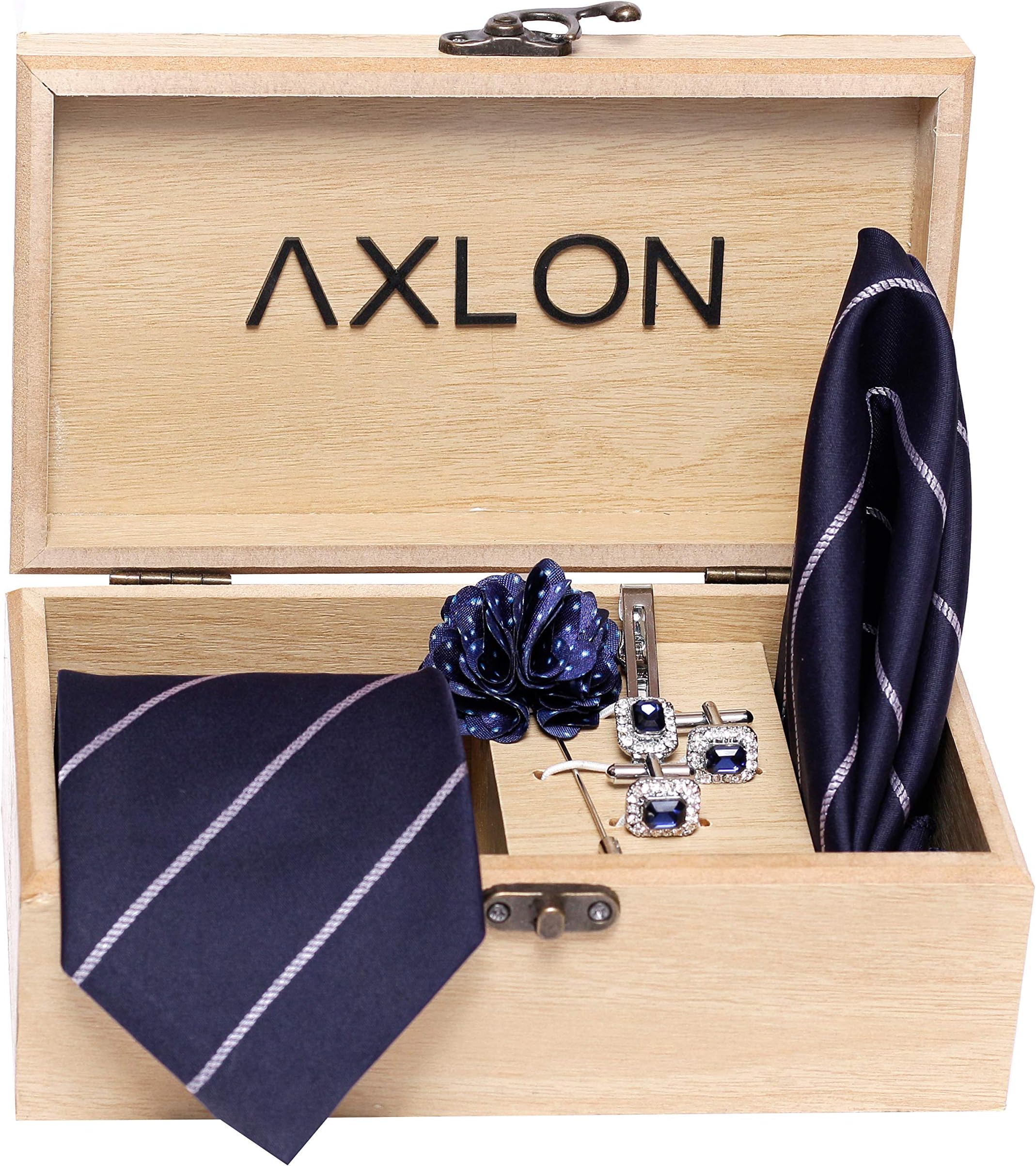Tie for Men – Micro Silk Neck Ties Set with Cufflinks Flower Pin, Pocket Square & Black Gift Box, Combo Necktie Sets for Office Wear, Formal Suits & Weddings (Blue, TieAxlon-BlueB1)
