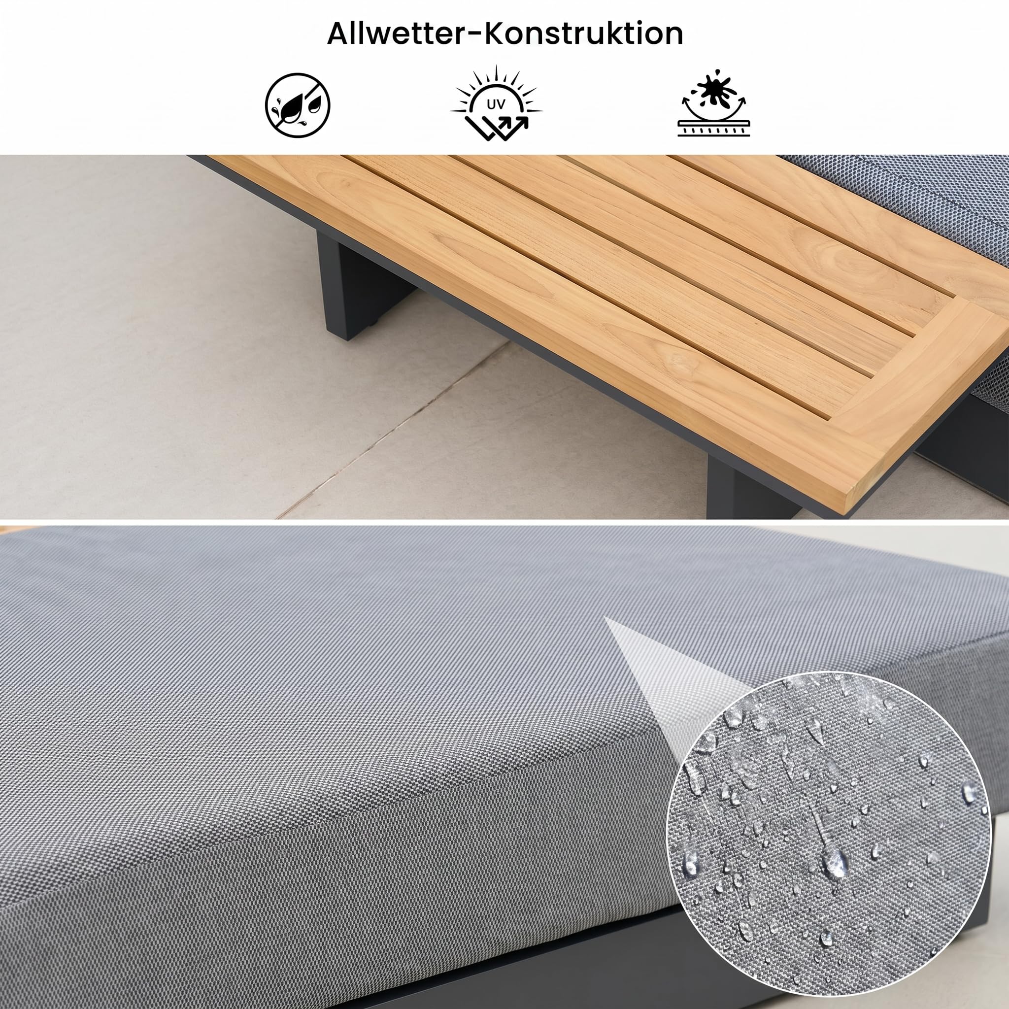 Homary Sonnenliege wetterfest, Gartenliege mit Aluminiumrahmen, Verstellbarer Rückenlehne, 19 cm Kissen, abnehmbarem Bezug und Teakholz-Beistelltisch, 2 Stück