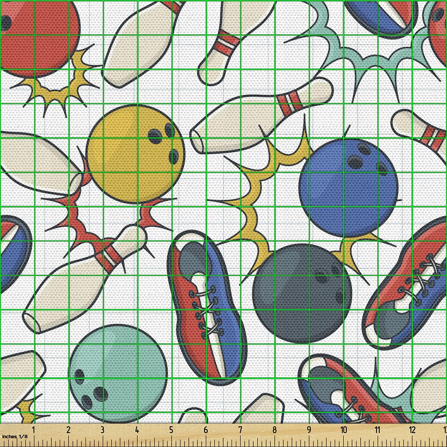 Ambesonne Bowling Fabric by The Yard, Color Doodle Design on Notebook Sheet Backdrop Ball Pins and Shoes in Retro Style, Decorative Fabric for Upholstery and Home Accents, 3 Yards, Pastel Seafoam