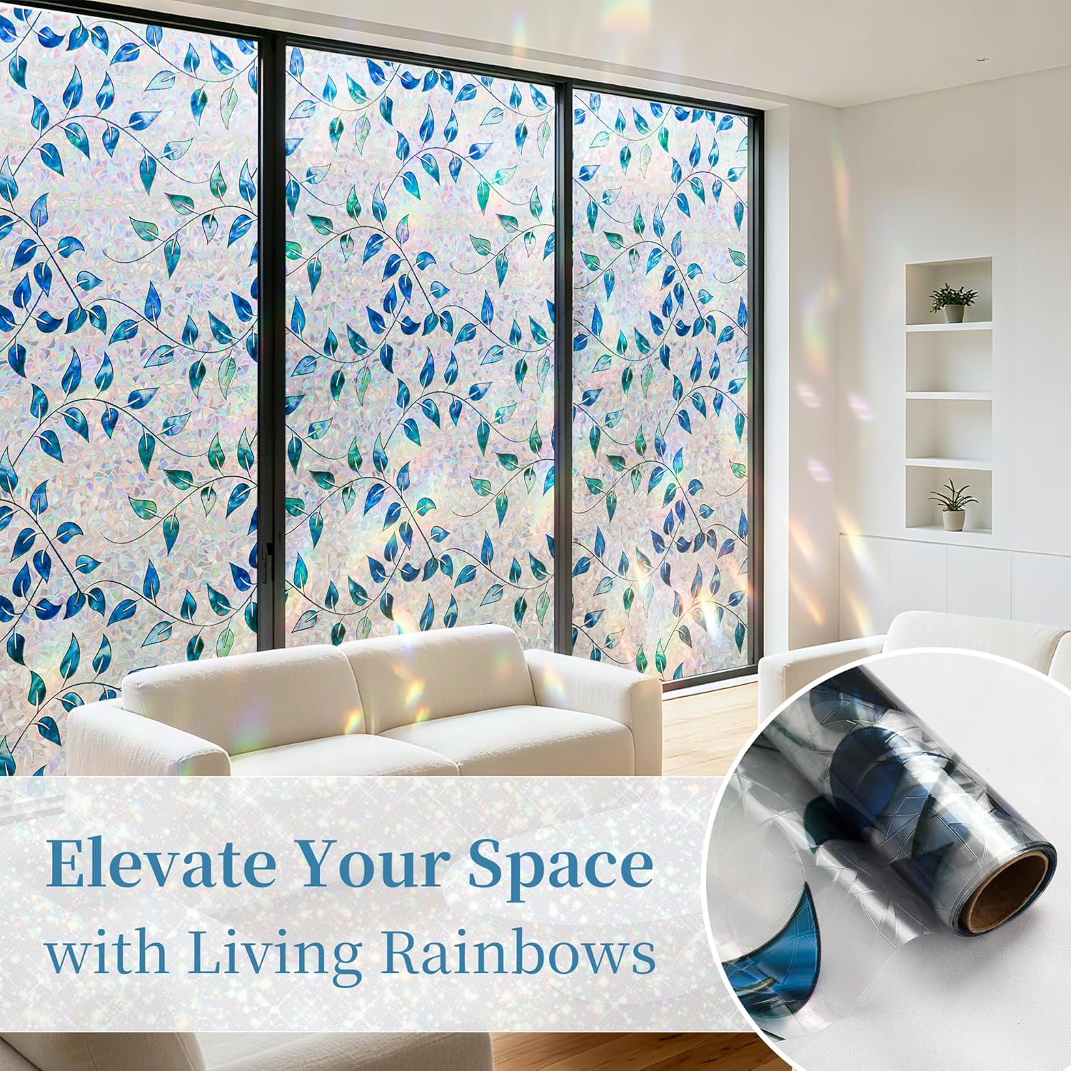 Finnez Window Privacy Film 3D Static Cling Window Film with Rainbow Effect, No Glue Heat Control & 99% UV Blocking for Home Office, Decorative Glass Cover 23.6" x 13.1'