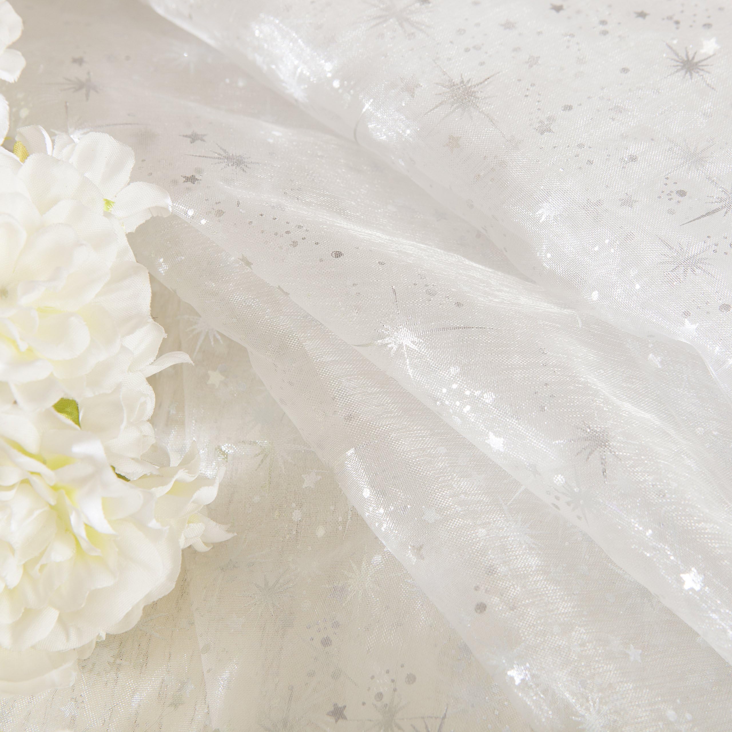 Christmas Decorations DIY Organza Sheer Fabric Tablecloth Star Foil Print Christmas Tree Skirt Table cloth for New Year 59W x 118L Inch White