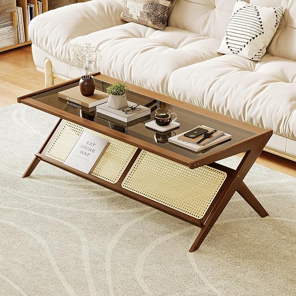 Sleek Glass Coffee Table Ideas That Open Up Your Living Room 12 Mid-Century Rattan Table with Glass Top