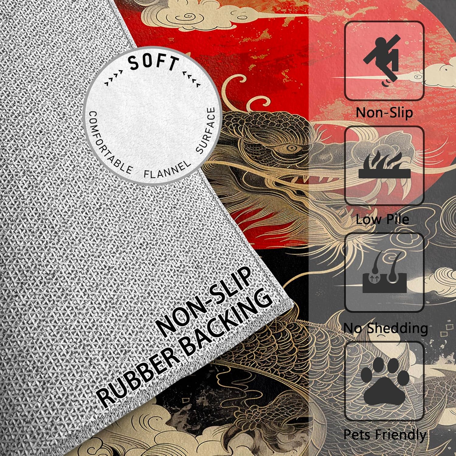 5x7 Rug - Chinese & Japanese Dragon Fantasy Animal Rugs for Living Room & Bedroom - Asian Oriental Washable & Non Slip Large Indoor Area Carpet - Home Decor & Gifts