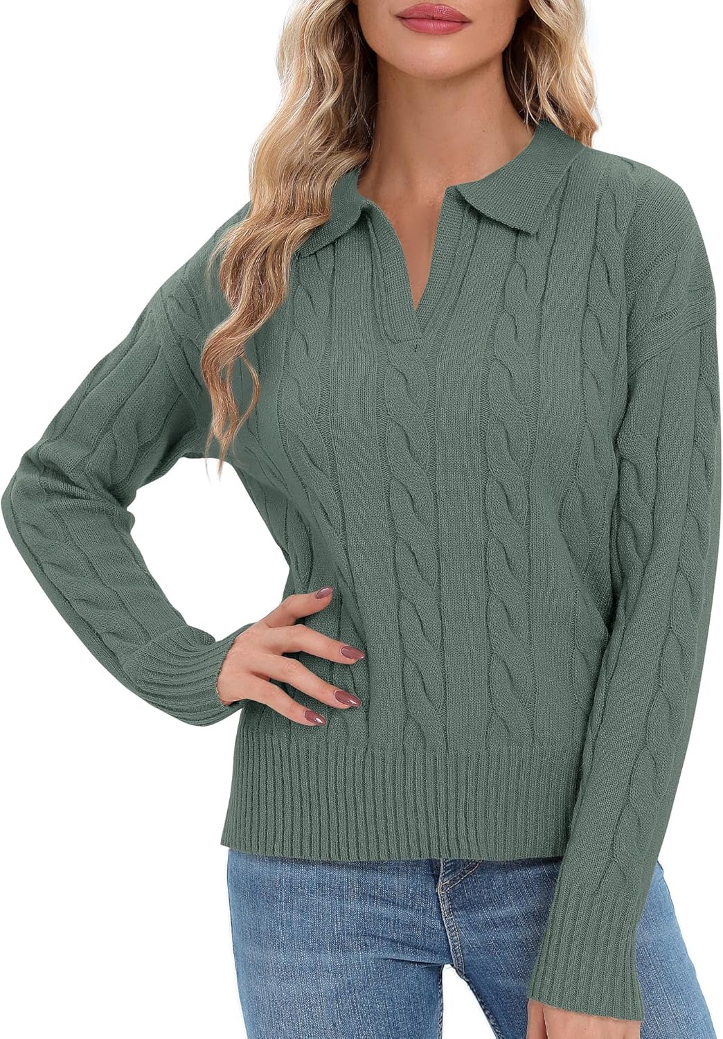 Urban CoCo Womens Long Sleeve V Neck Pullover Polo Sweater Tops Cable Knit Sweaters Winter Trendy Outfits - Image 2