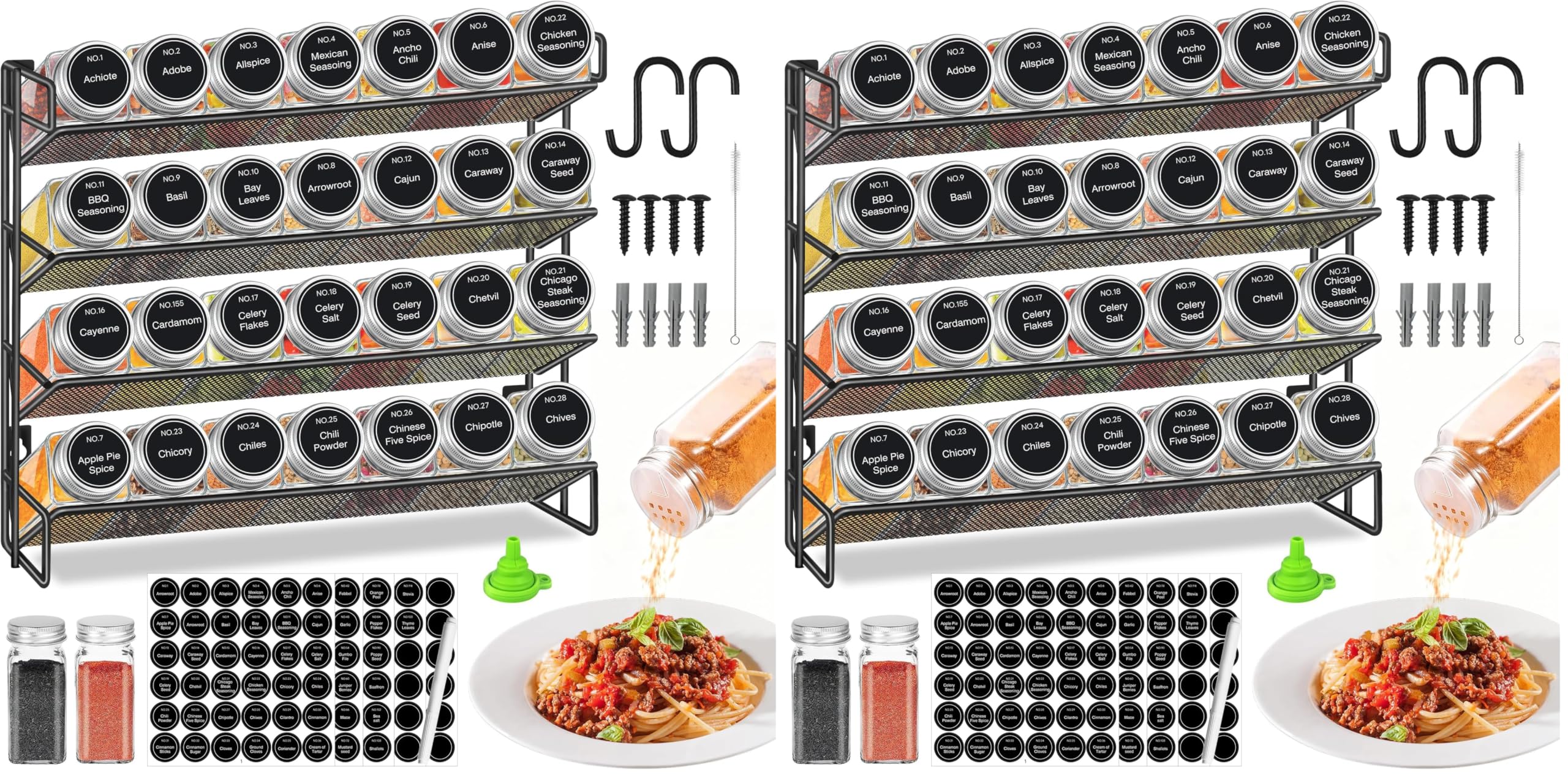 4 Stöckiges Gewürzregal Stehend & Wand 28 Leere Gewürz Organizer mit Gestell und 432 Gewürzetiketten, Spice Rack Gewürzregal Ohne Bohren für Küchen, Schrank, Speisekammer (Packung mit 2)