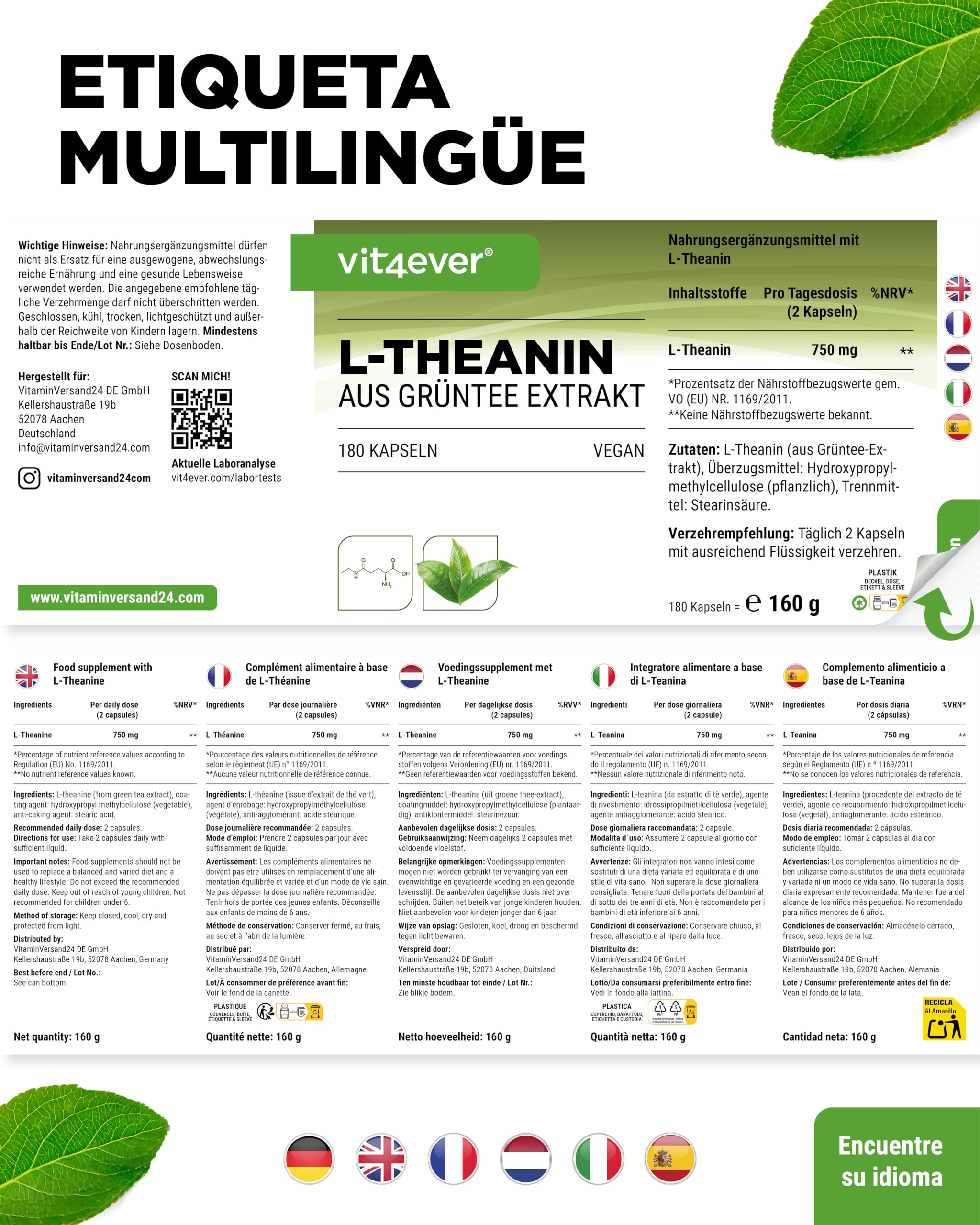 L-Teanina - 180 cápsulas - 750 mg por dosis diaria - De extracto natural de té verde - Alta dosis - Vegano