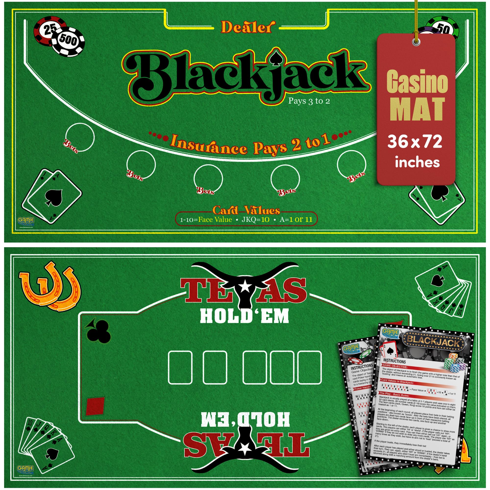 Gamie Double Sided Felt Casino Mat, 36” x 72” for Blackjack & Texas Hold’em Poker, 2-in-1 Texas Holdem Poker Mat & Blackjack Mat, Professional Grade Poker Tabletop Mat with Instructions Booklet