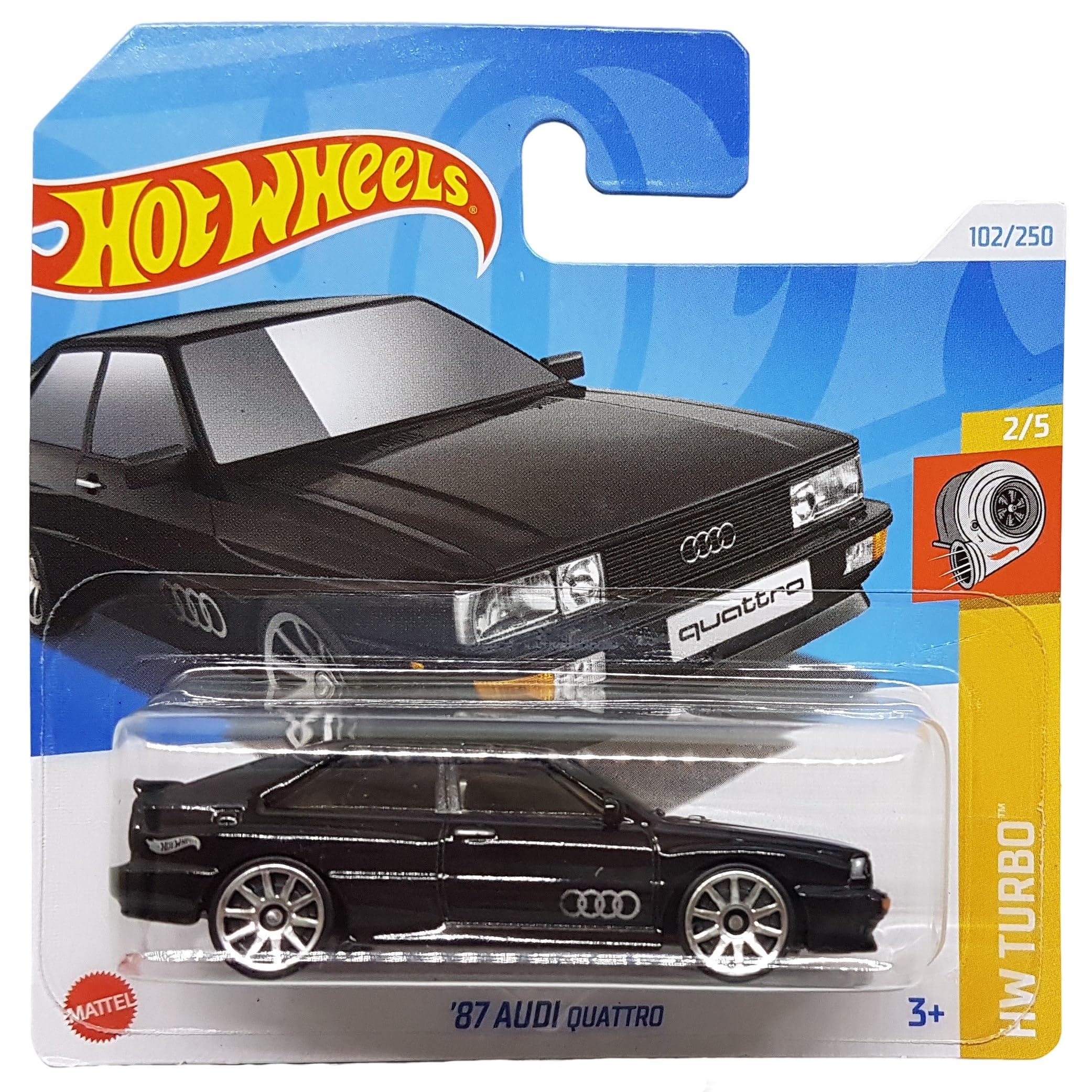 Hot Wheels '87 Audi Quattro HW Turbo 2/5 (102/250) HTD24 Black 2024 + Protector Short Card Frikimonkey, 12 cm x 12 cm x 5 cm