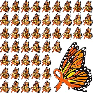 50 Pcs Orange Awareness Ribbon Pin Leukemia Awareness Pins Butterfly Brooches Bulk Multiple Sclerosis ADHD Kidney Cancer Lymphoma Cerebral Cancer Orange Awareness Pin for Women Girls