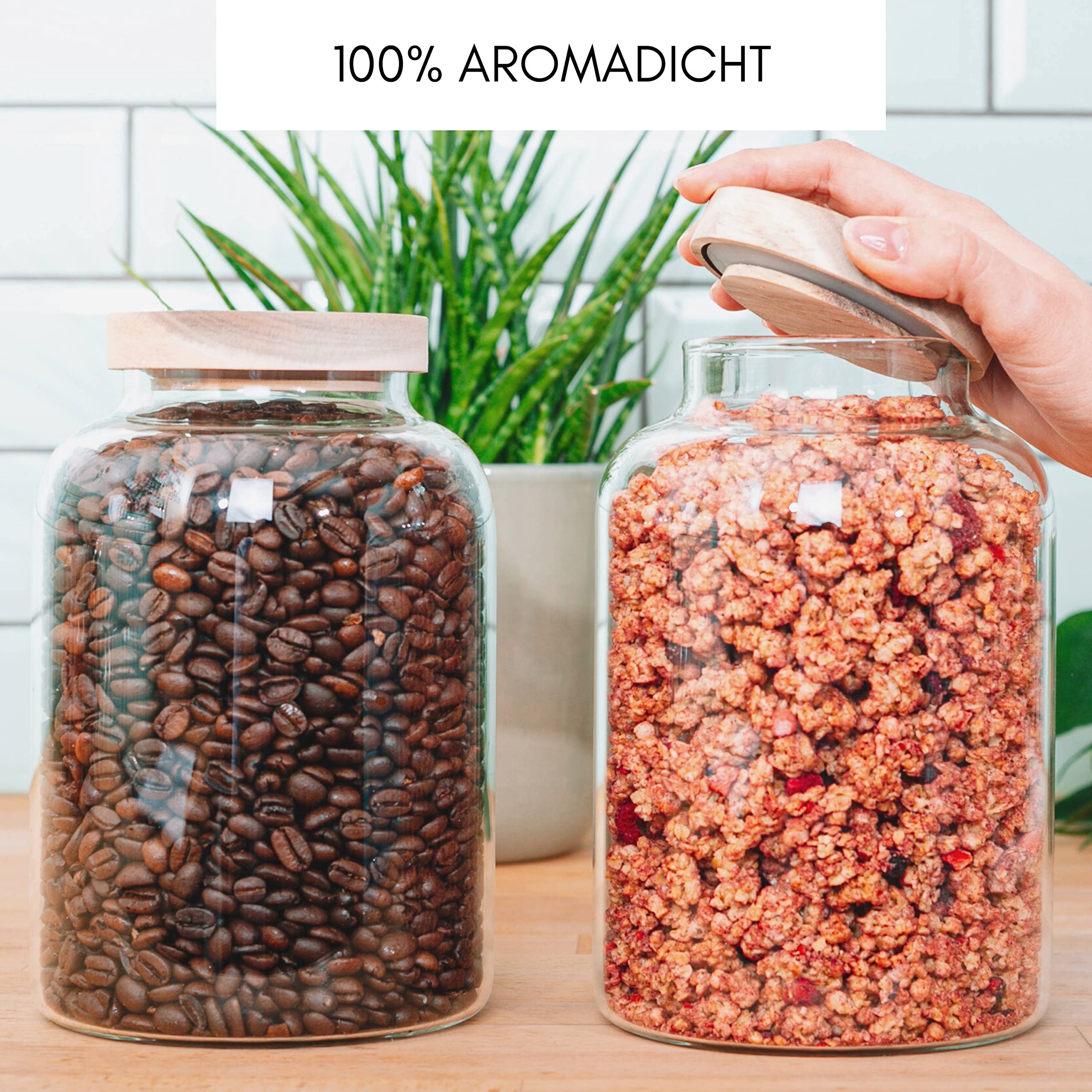 Econovo® Tarros de almacenamiento con tapa grande (2 piezas), 1600 ml, tarros de cristal con tapa de madera, herméticos, juego de tarros de almacenamiento para alimentos grandes y pequeños