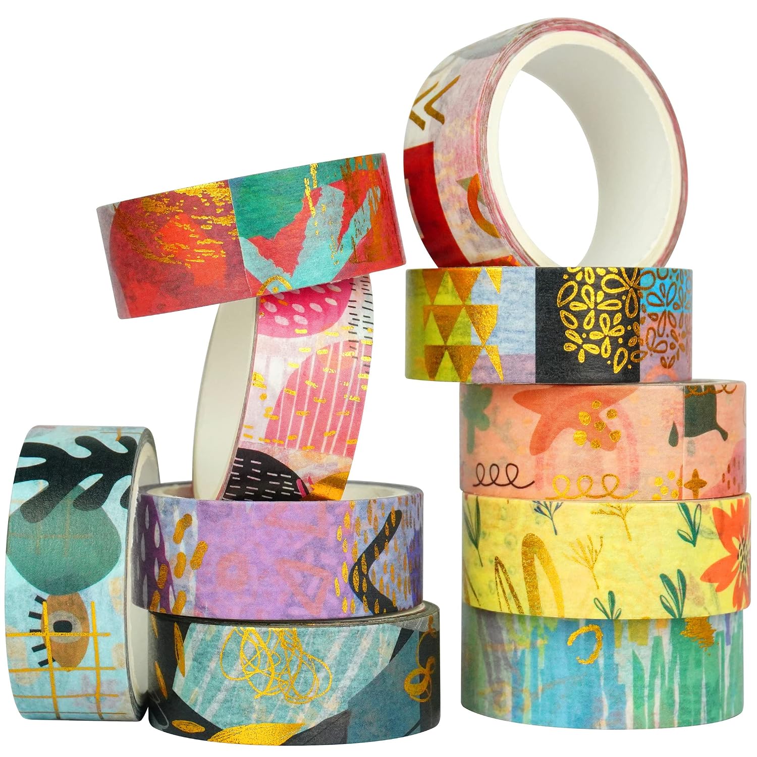YUBBAEX 10 Rolls Geometric Washi Tape Set Gold Foil Masking Modern Arts Decorative Tapes for Arts, DIY Crafts, Journals, Planners, Scrapbook, Wrapping