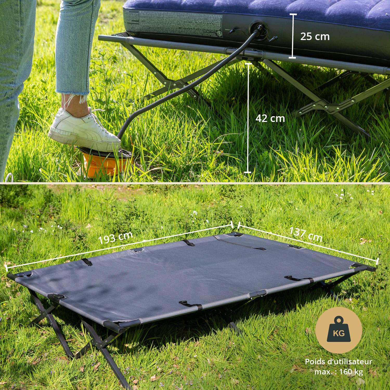 Skandika Haug Lit de Camp Surélevé avec Toit 2 Pers. | Tente-Lit de Camping, Matelas Gonflable, Étanche, d'Extérieur, Max 160 kg | Tente de Pêche 4en1 (Gris avec Sleeper Technology)