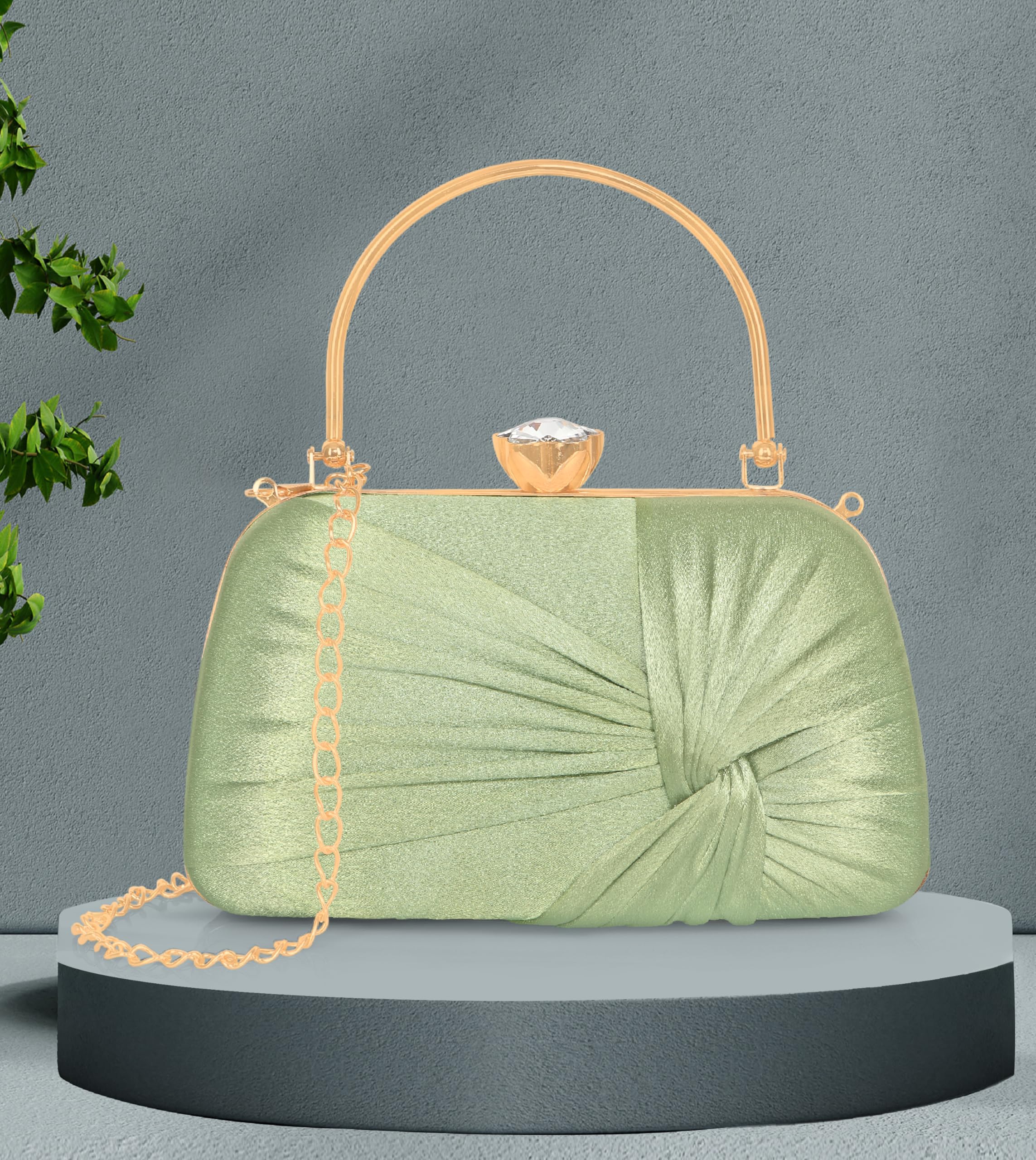 MISHA Glimmer Luxe Satin Evening Clutch with Detachable Chain Strap (GREEN) 4